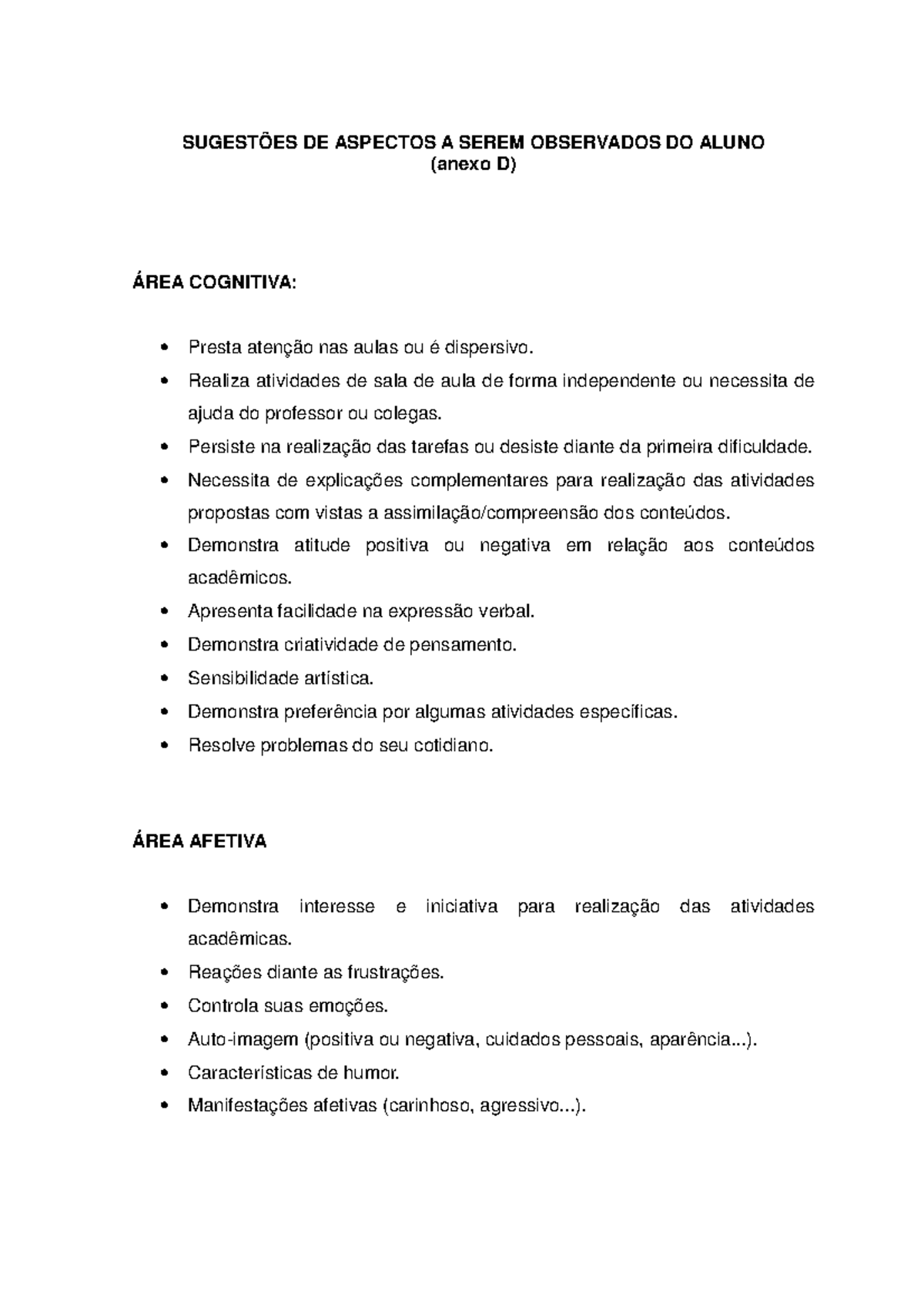 Anexo d observacao aluno - SUGESTÕES DE ASPECTOS A SEREM OBSERVADOS DO ...