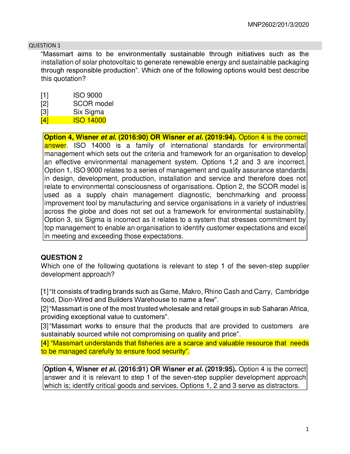 Testbank 2020 - Memo - QUESTION 1 “Massmart aims to be environmentally ...