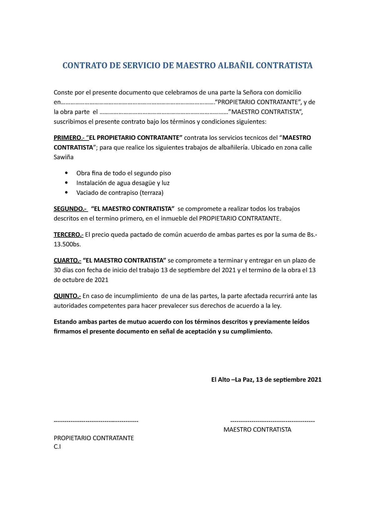 Contrato DE Servicio DE MAEs TRO Albañil Contratista - CONTRATO DE SERVICIO  DE MAESTRO ALBAÑIL - Studocu
