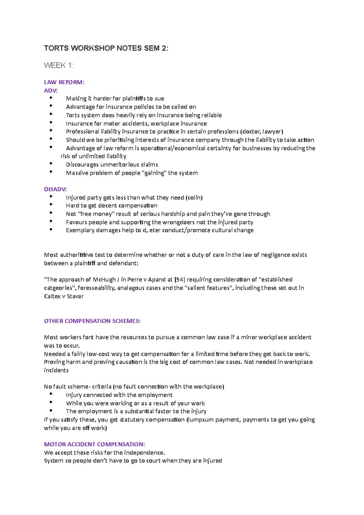 Cumulative notes sem 2 - TORTS WORKSHOP NOTES SEM 2: WEEK 1: LAW REFORM ...
