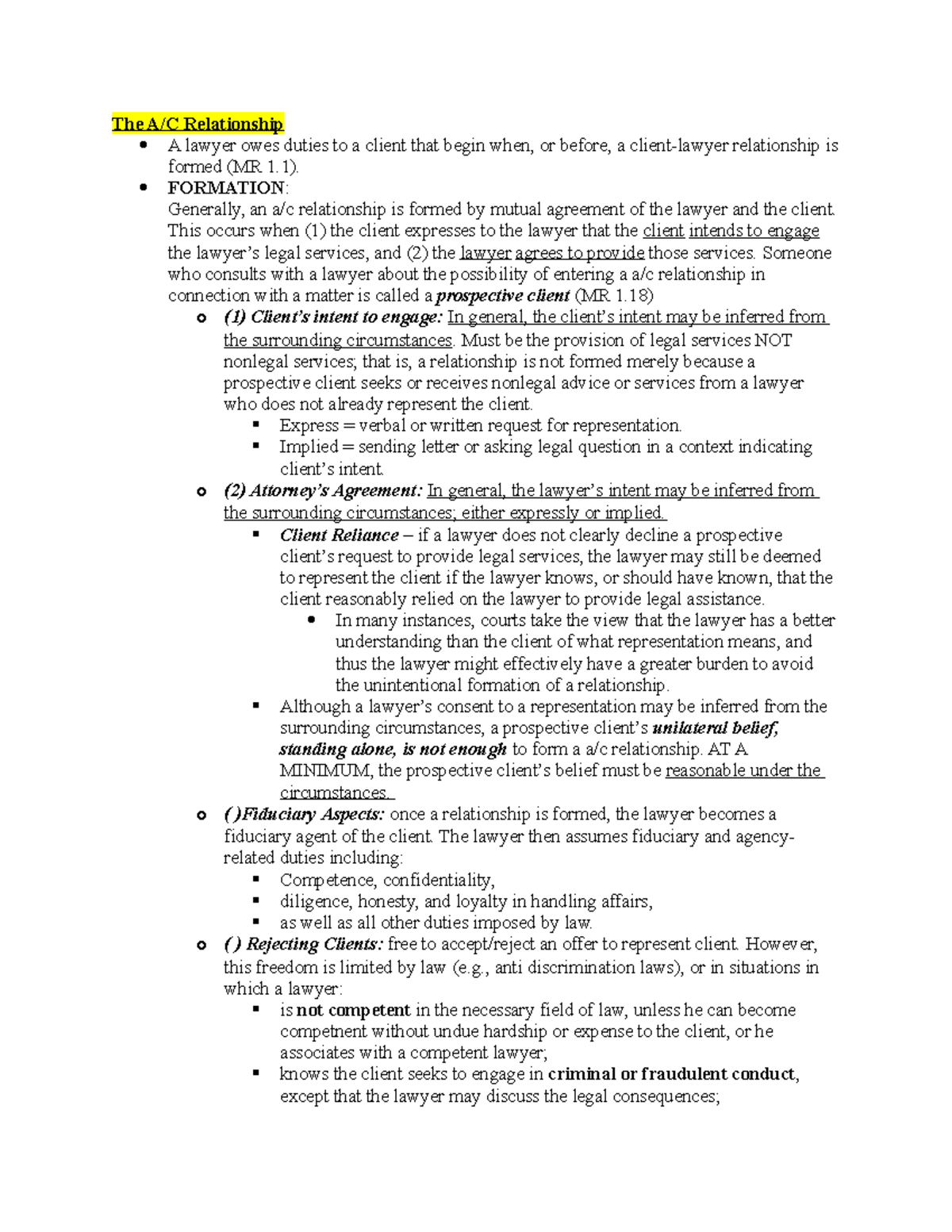 Legal Pro Model Rules The A/C Relationship A lawyer owes duties to a