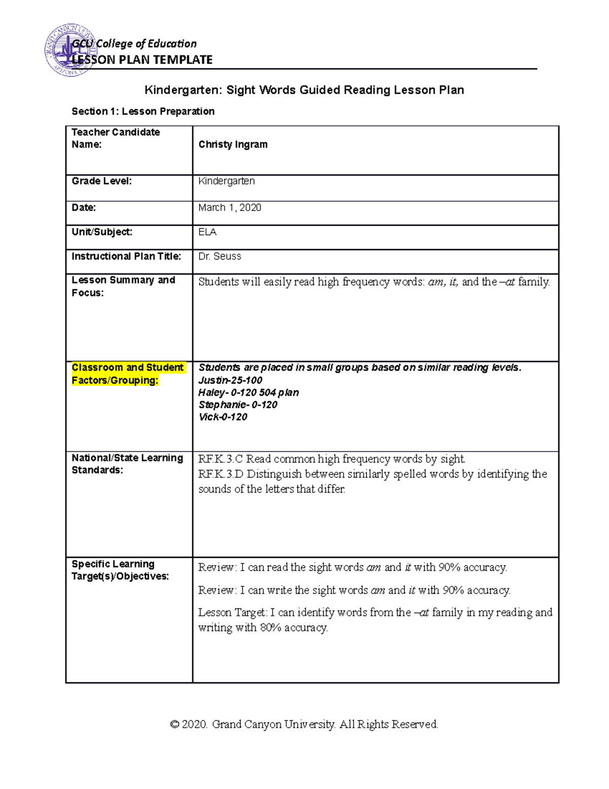 SPD 200 RS Kindergarten Sight Words Guided Reading Lesson Plan - LESSON ...