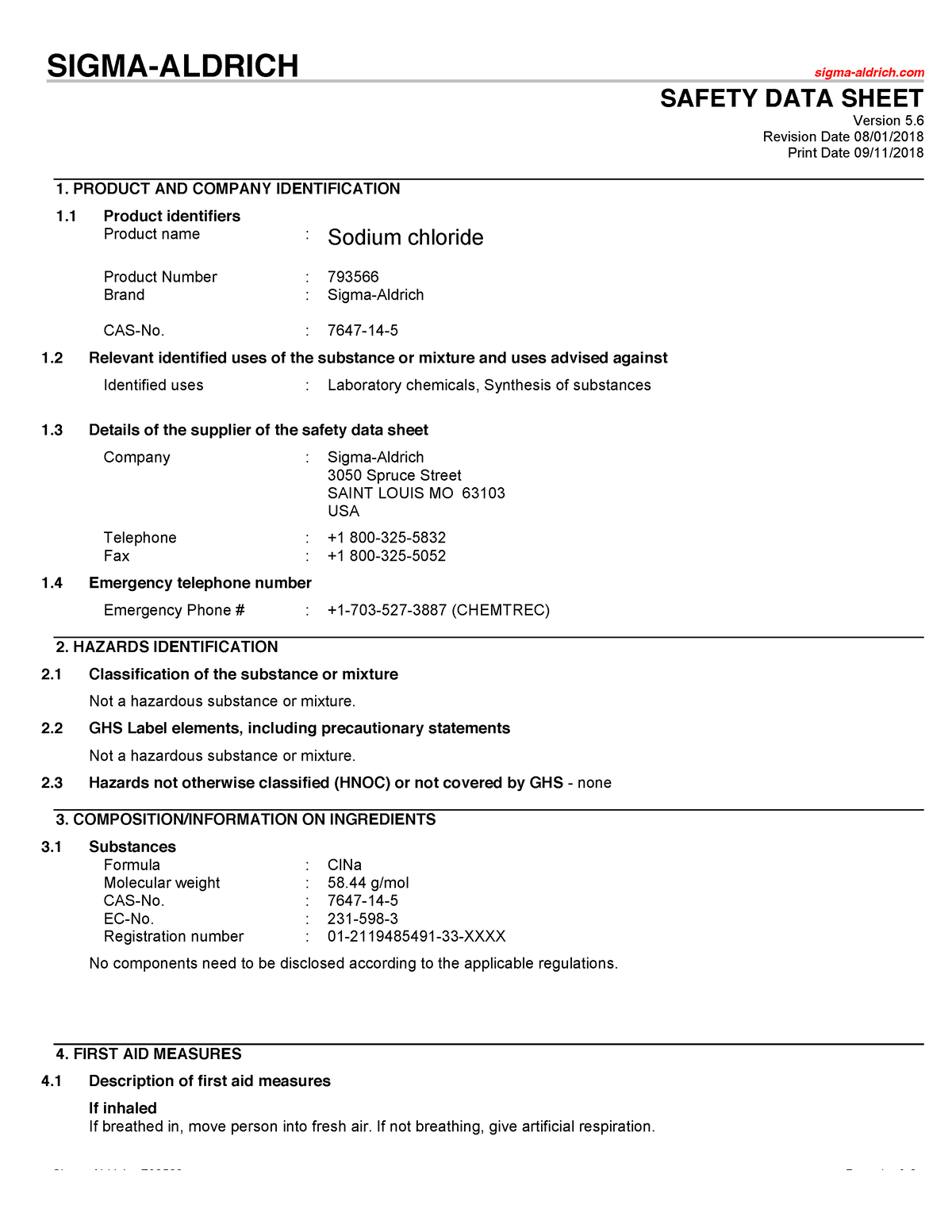 Sodium Chloride SDS-1 - SDS of chemicals - SIGMA-ALDRICH sigma-aldrich