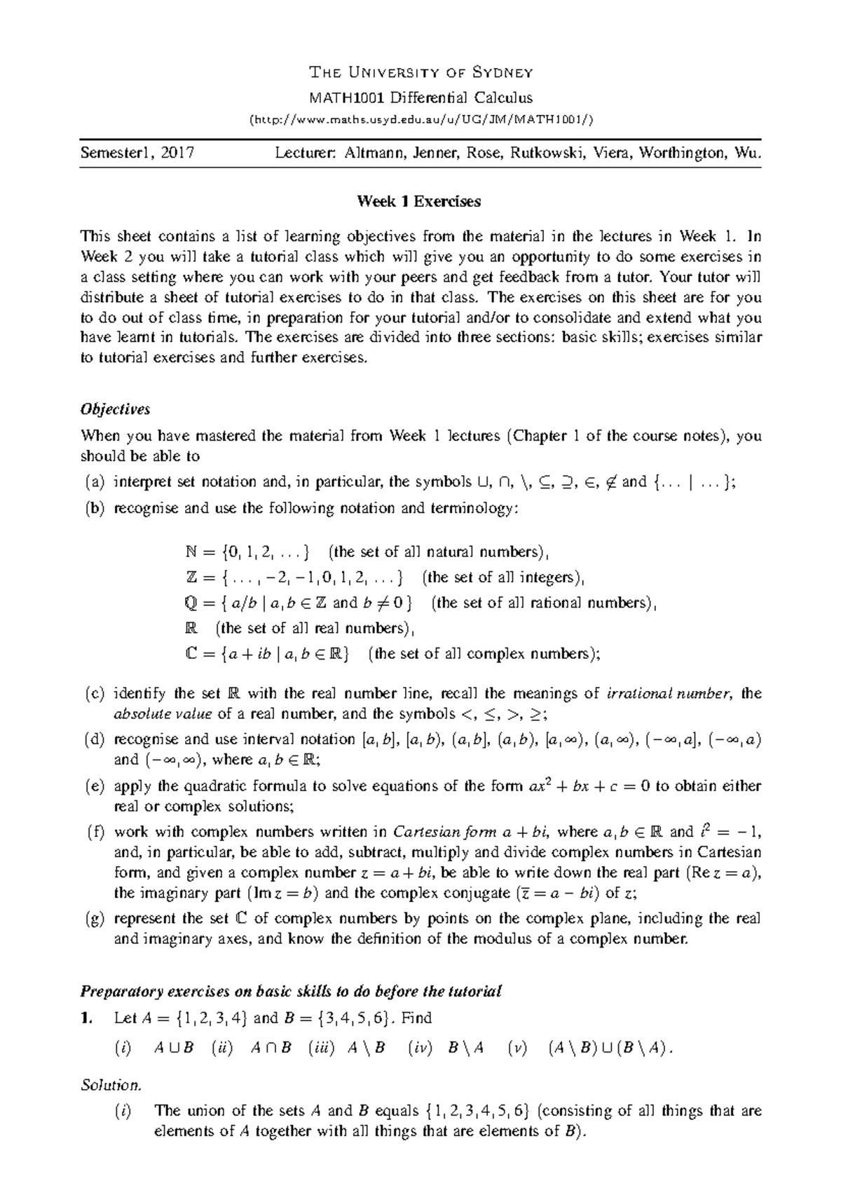 M1001es01 - week 1 solutions - The University of Sydney MATH1001 ...