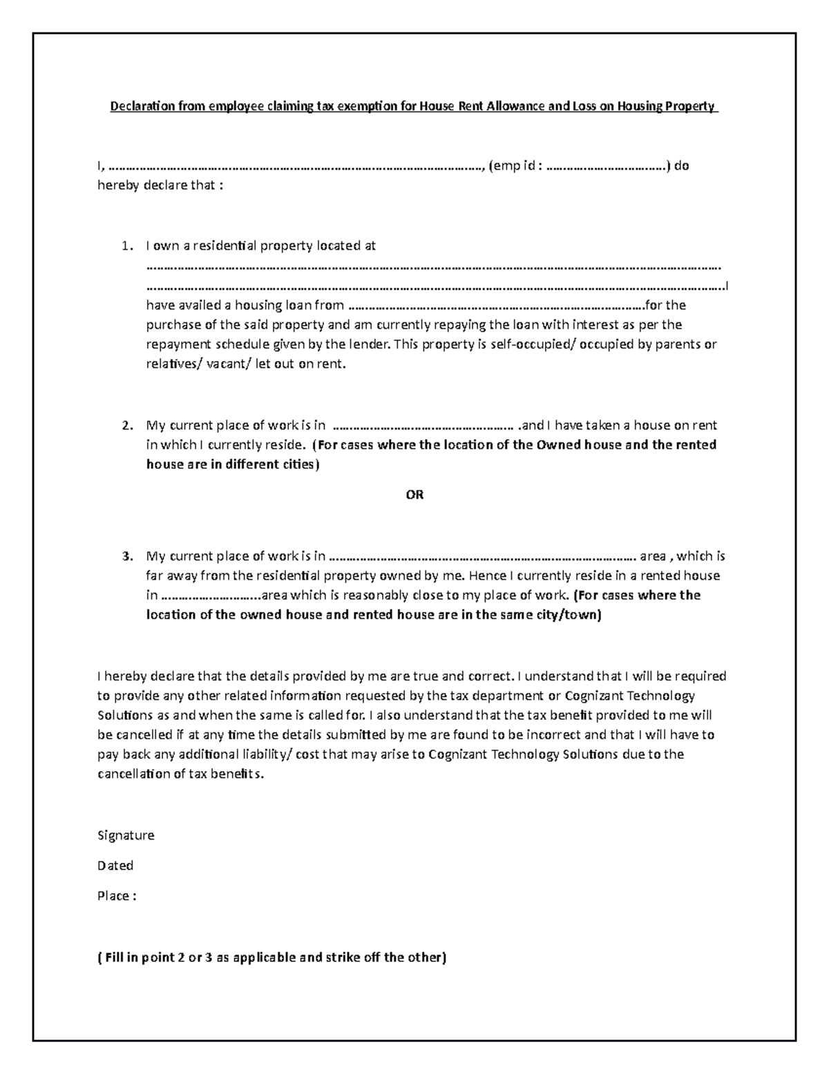 HRA LOHP declaration form - Declaration from employee claiming tax ...