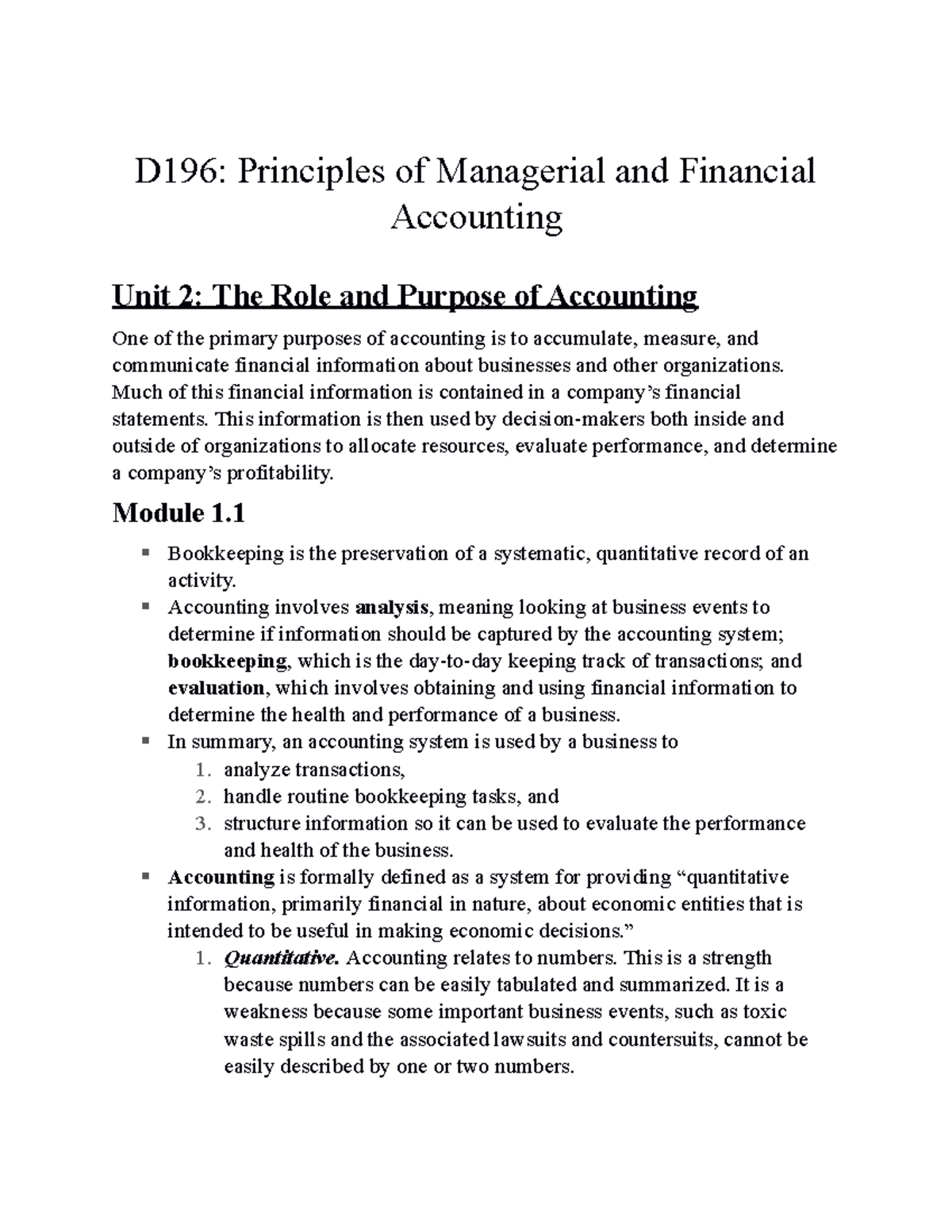 D196 Notes - D196: Principles Of Managerial And Financial Accounting ...