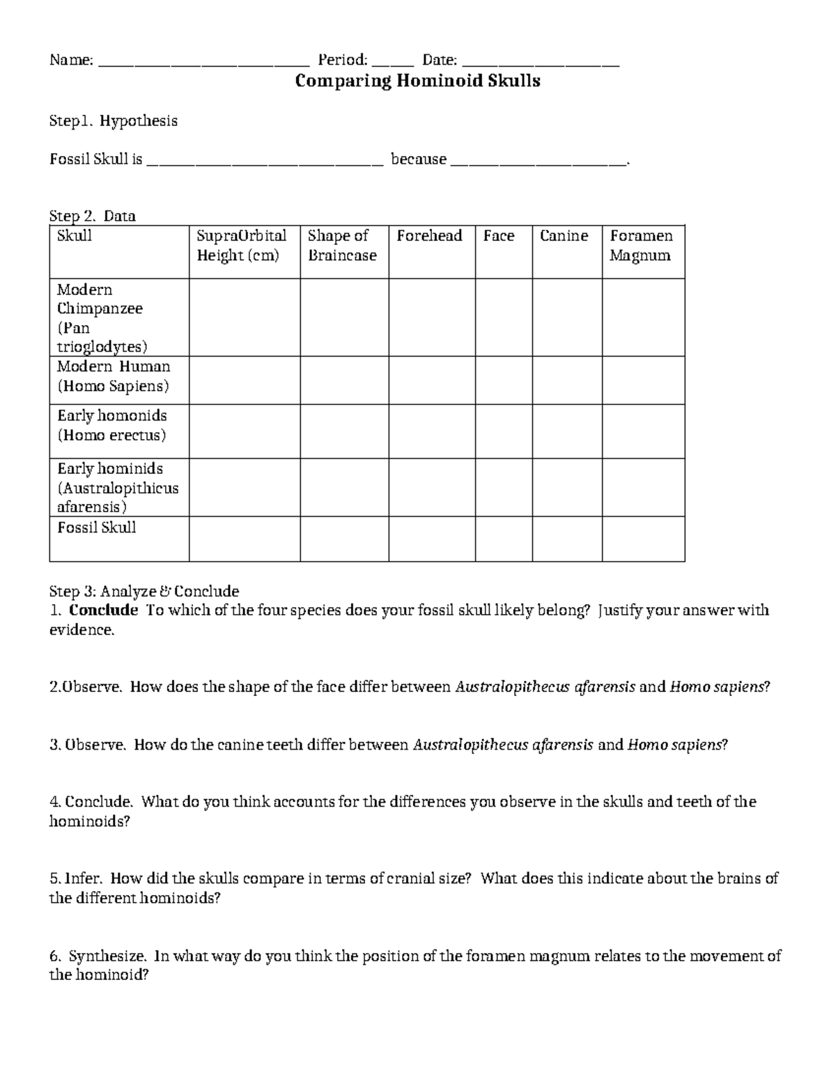 Comparing hominoids - Name: ___________________________________ Period ...
