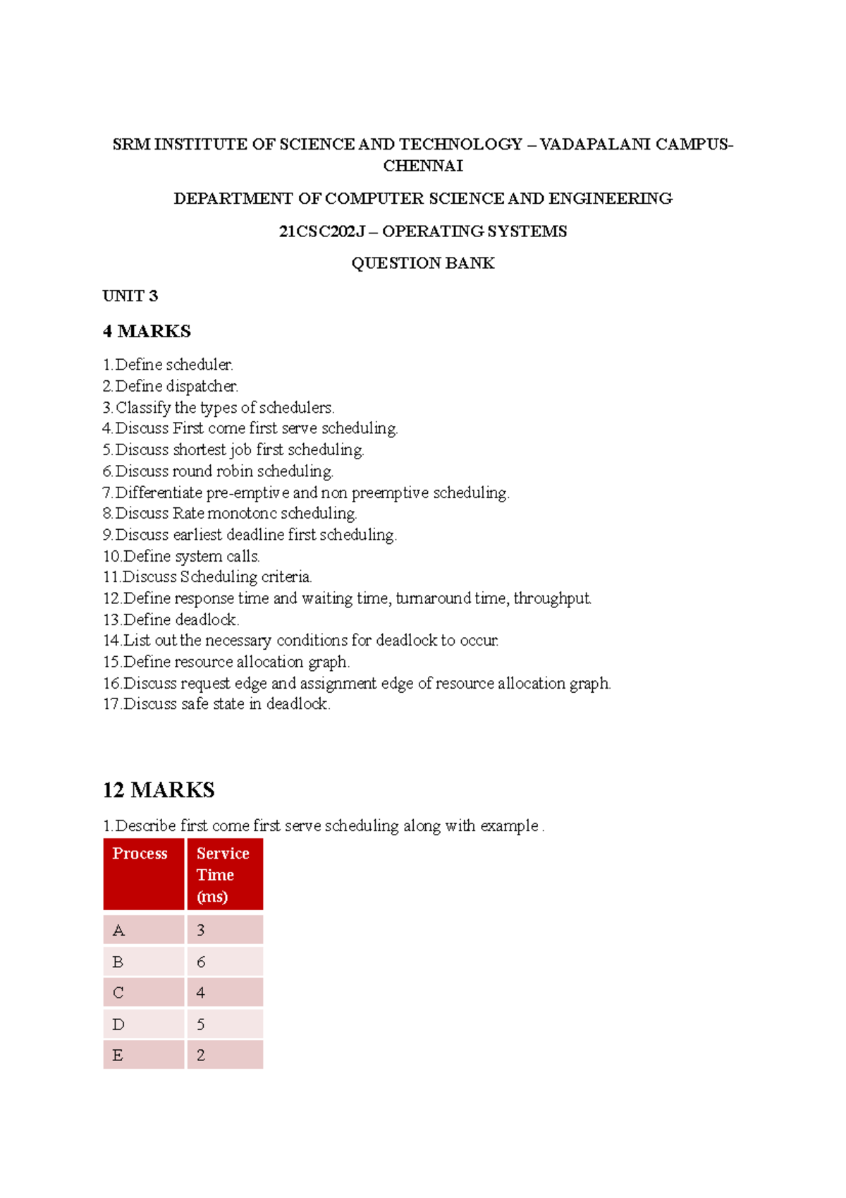 1695656394353 OS UNIT 3 Question BANK - SRM INSTITUTE OF SCIENCE AND ...