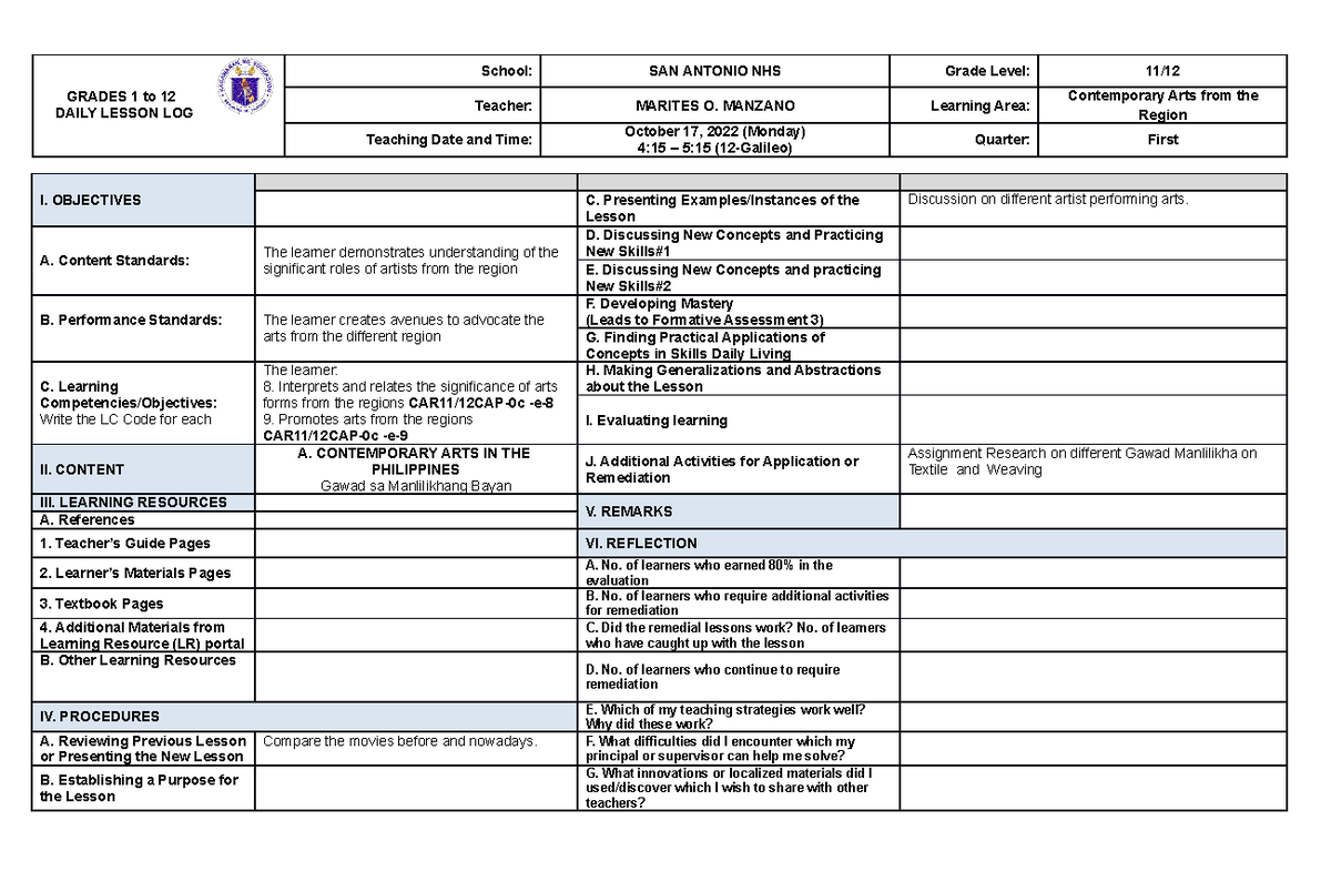 Week 8 Contemorary Arts - GRADES 1 to 12 DAILY LESSON LOG Teacher ...