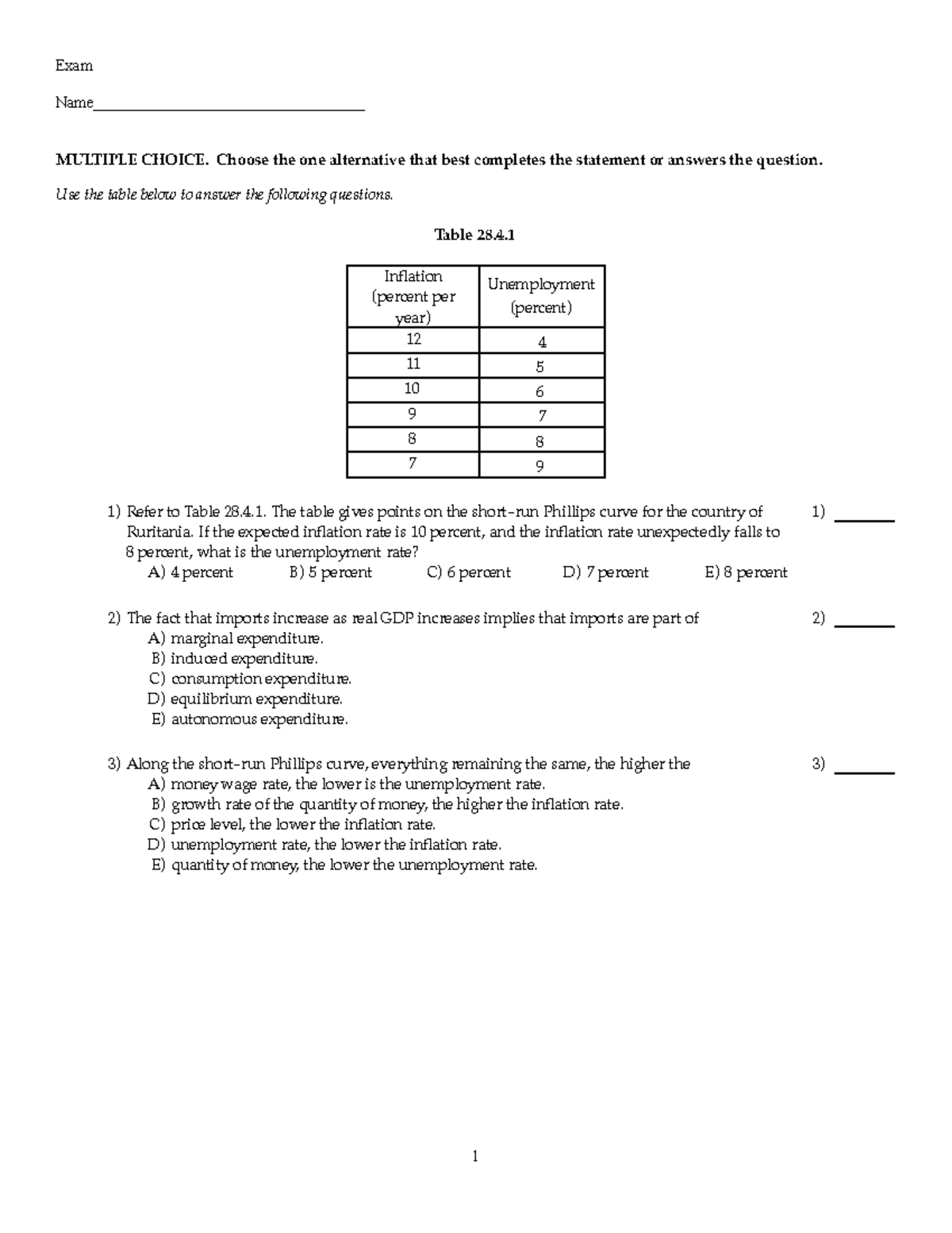 Practice Multiple Choice Exam One With Solutions - Exam Name