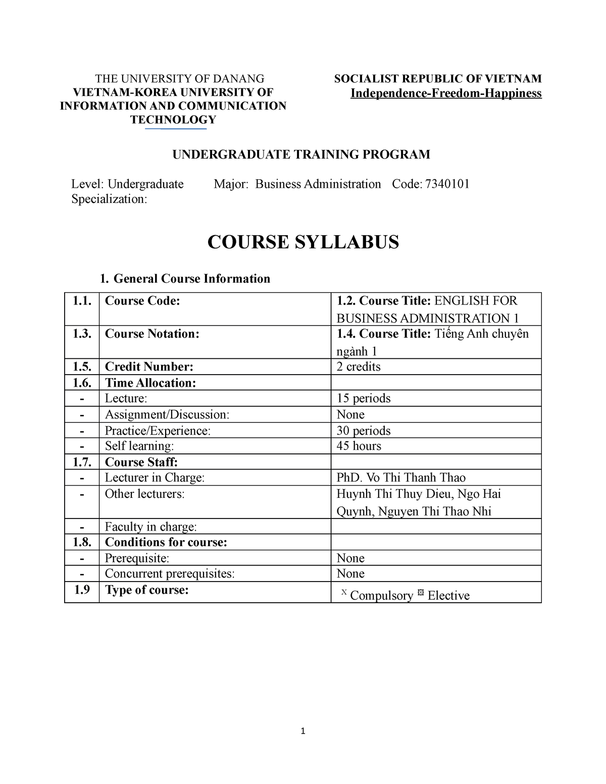 Syllabus English For BA 1 - THE UNIVERSITY OF DANANG SOCIALIST REPUBLIC ...