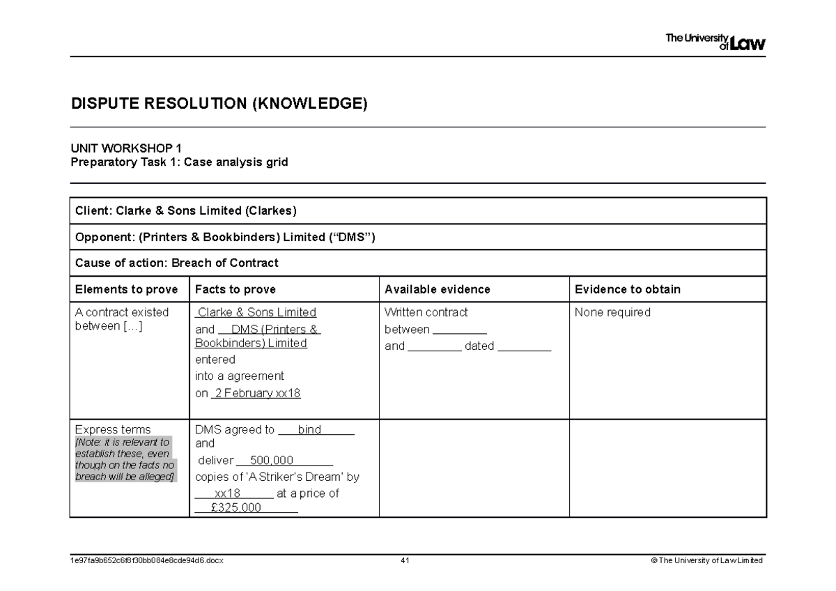WS 1 Case analysis Grid - DISPUTE RESOLUTION (KNOWLEDGE) UNIT WORKSHOP ...