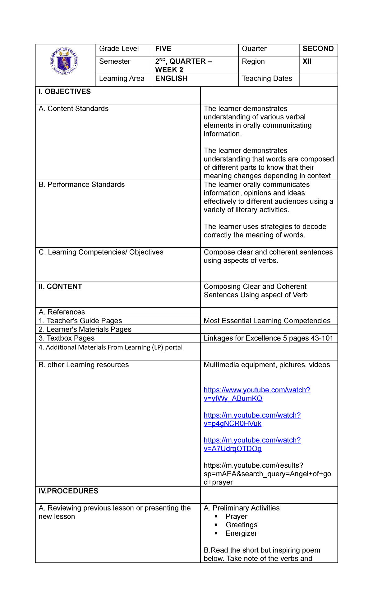 English LP val - Grade Level FIVE Quarter SECOND 2 ND, QUARTER – Region ...