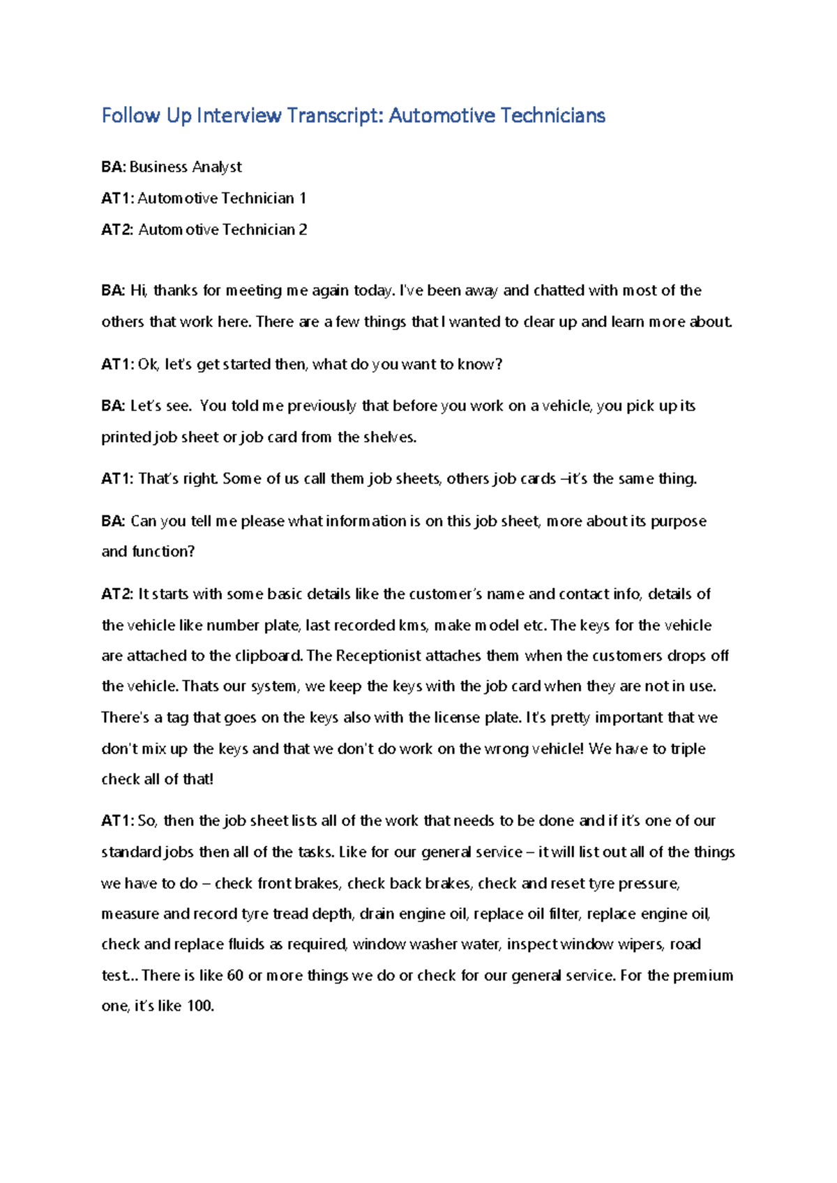 Follow Up Interview with Automotive Technicians - Follow Up Interview ...