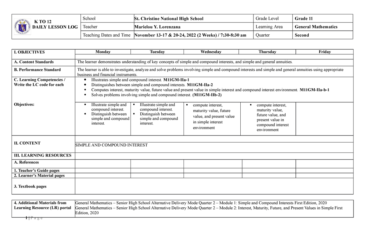 DLL-WEEK-2 - DLL - K TO 12 DAILY LESSON LOG School St. Christine ...