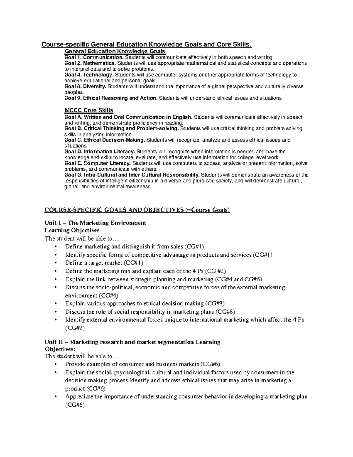 Marketin 11g - Course-specific General Education Knowledge Goals and ...