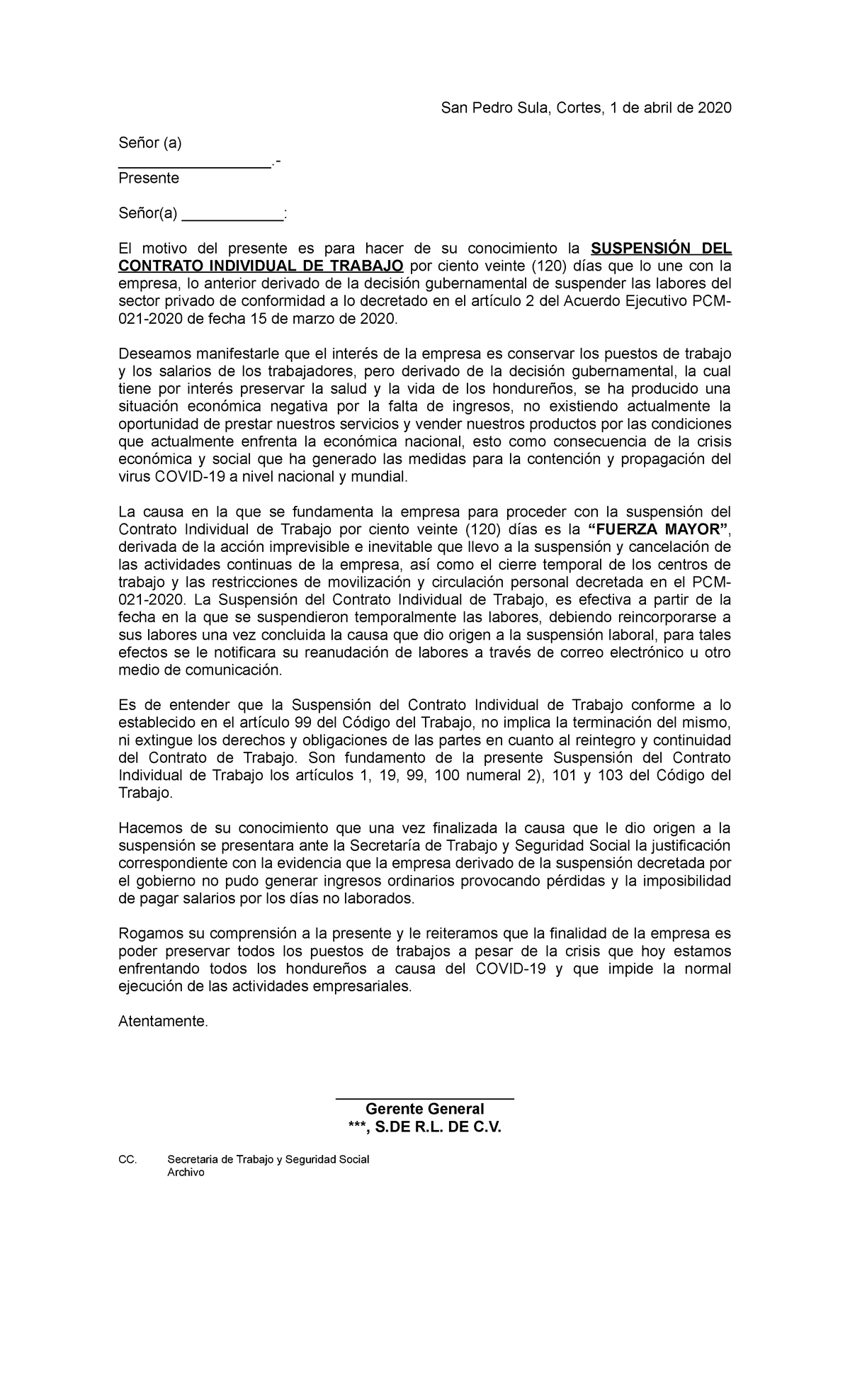 Notificacion De Suspension De Contrato De Trabajo Formato San Pedro