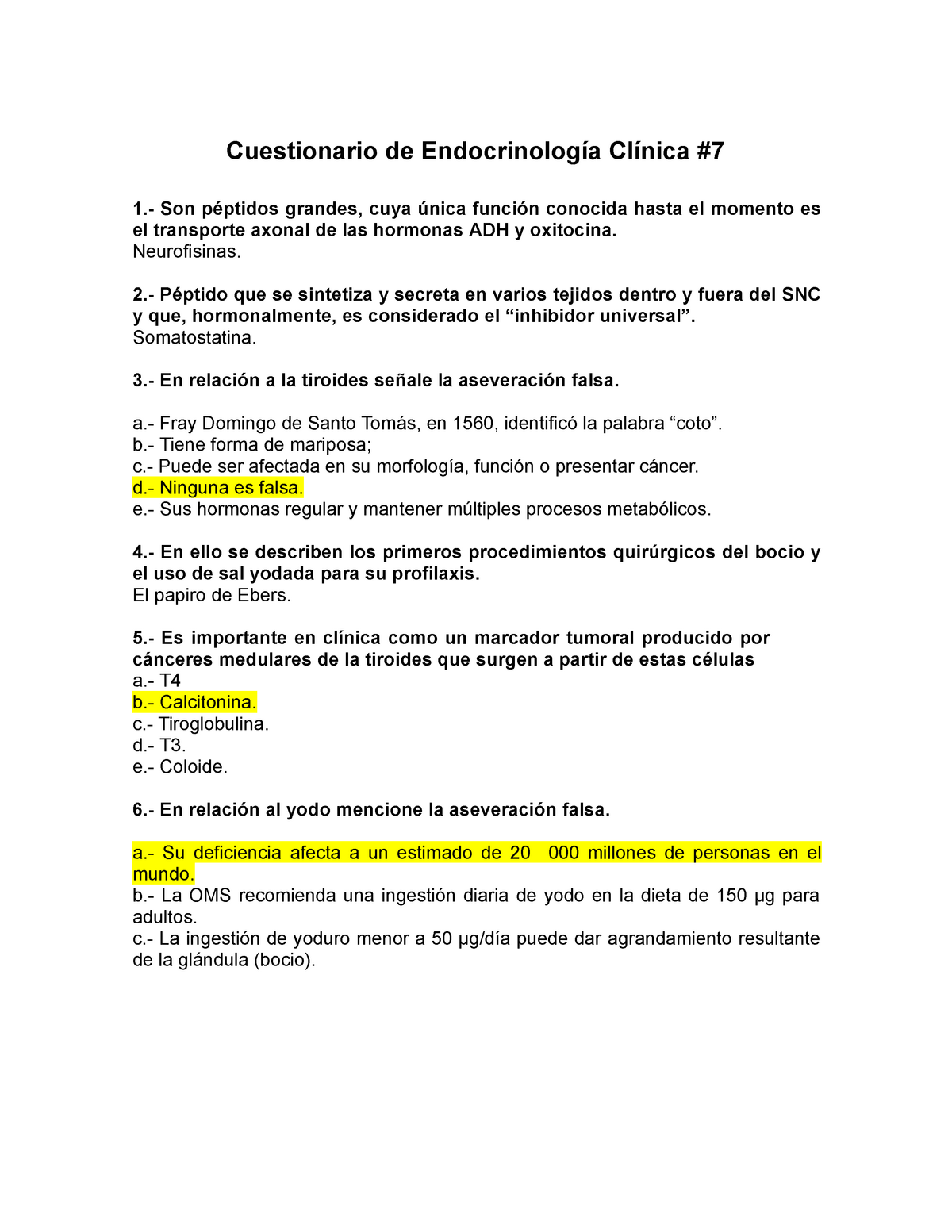 Cuestionario N Cuestionario De Endocrinolog A Cl Nica Son P Ptidos Grandes Cuya Nica