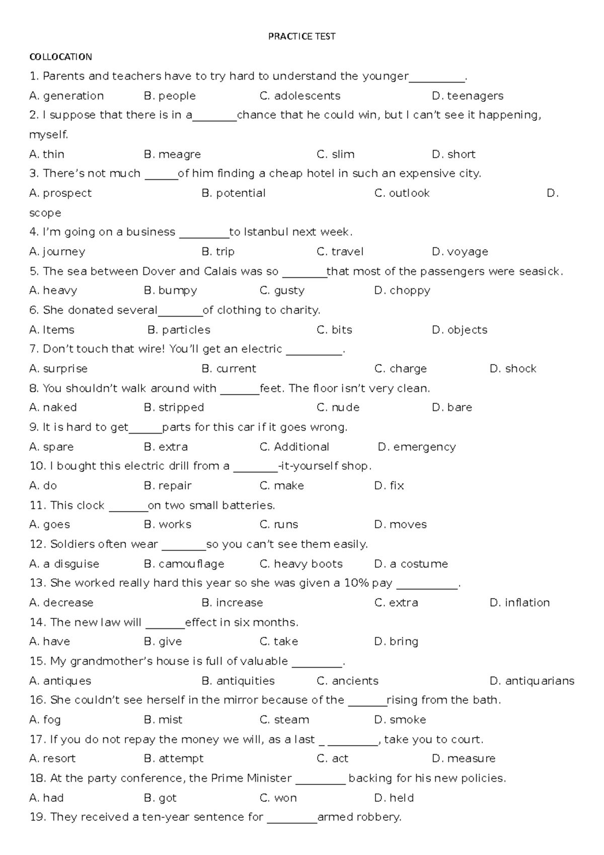 Collocation 4 - Practice english - PRACTICE TEST COLLOCATION Parents ...