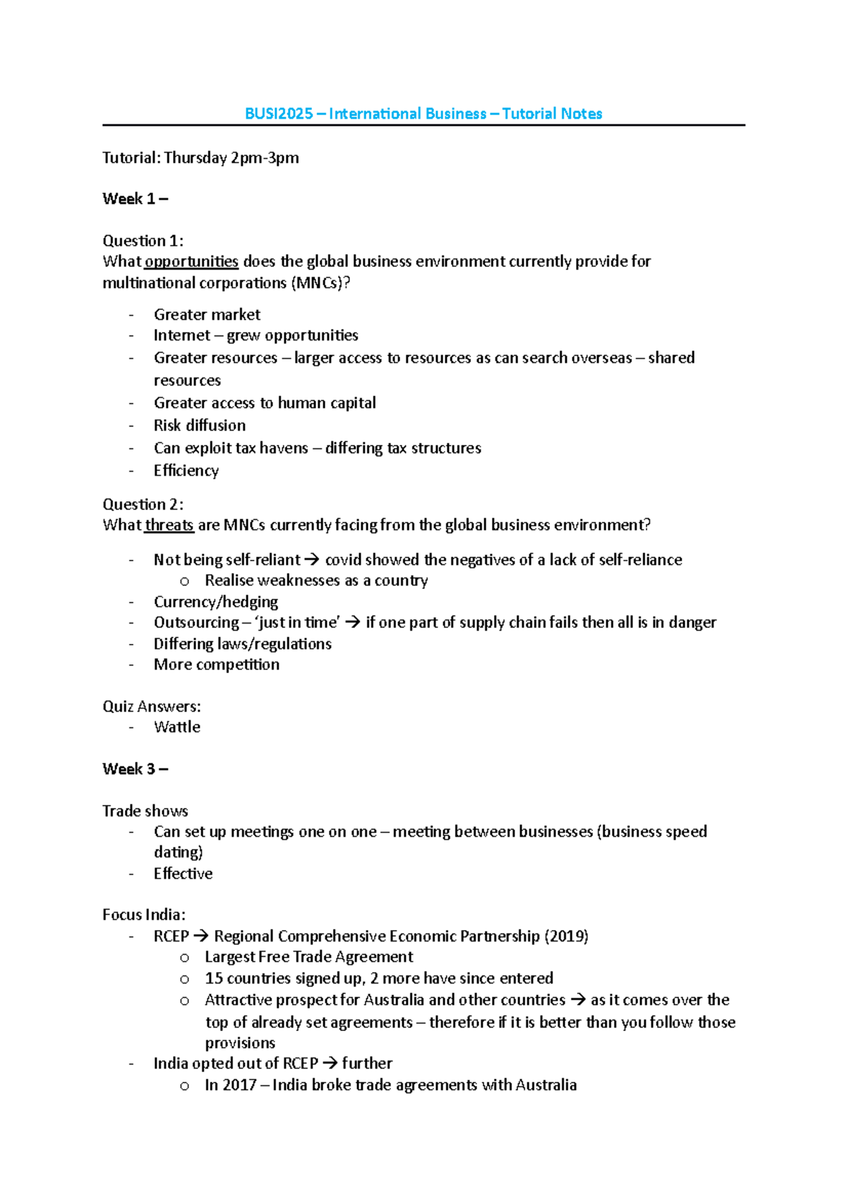 Tutorial Notes - BUSI2025 - BUSI2025 – International Business ...