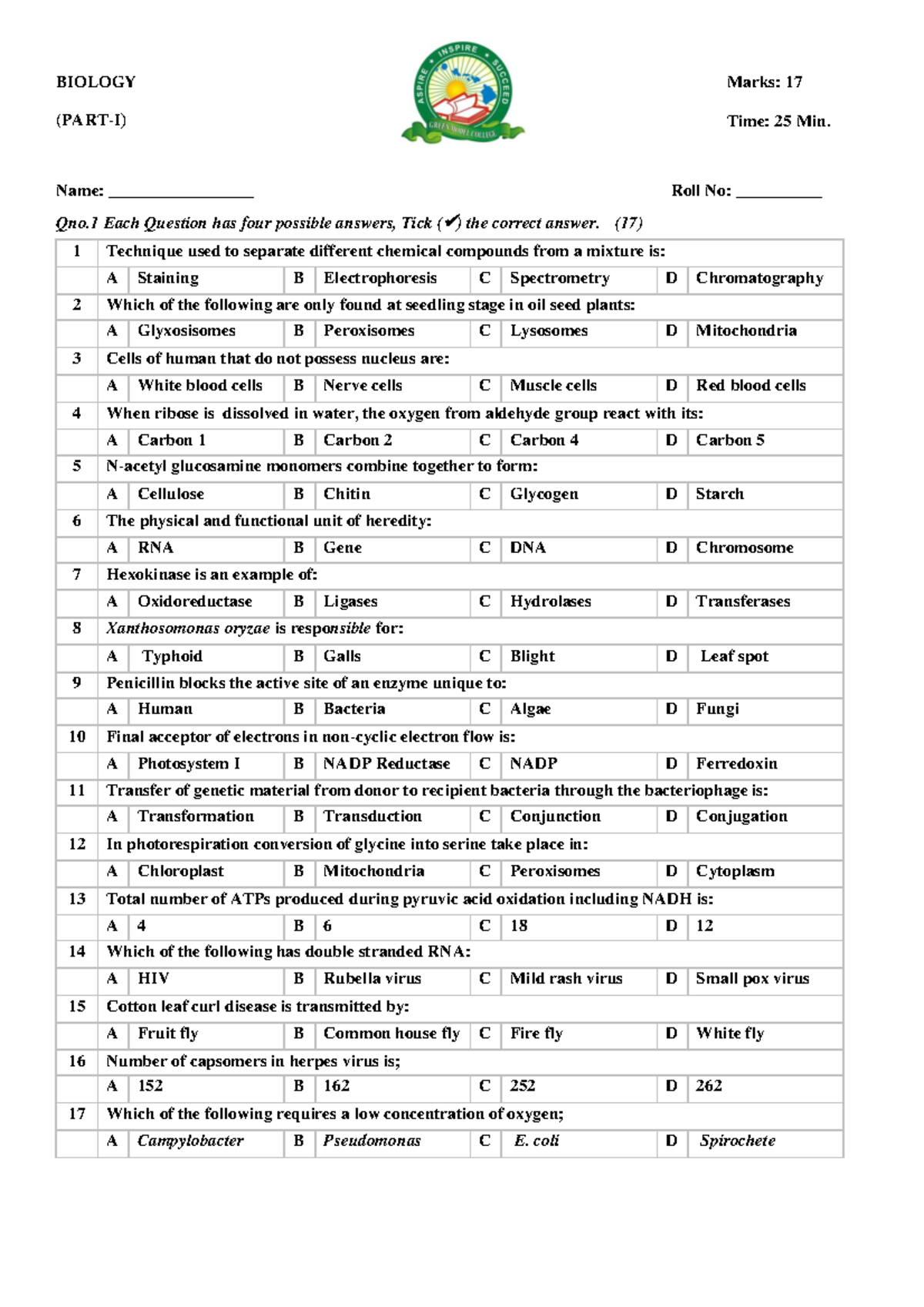 Objective 1st Year BIO GMC ICT Associate Degree in Arts Studocu