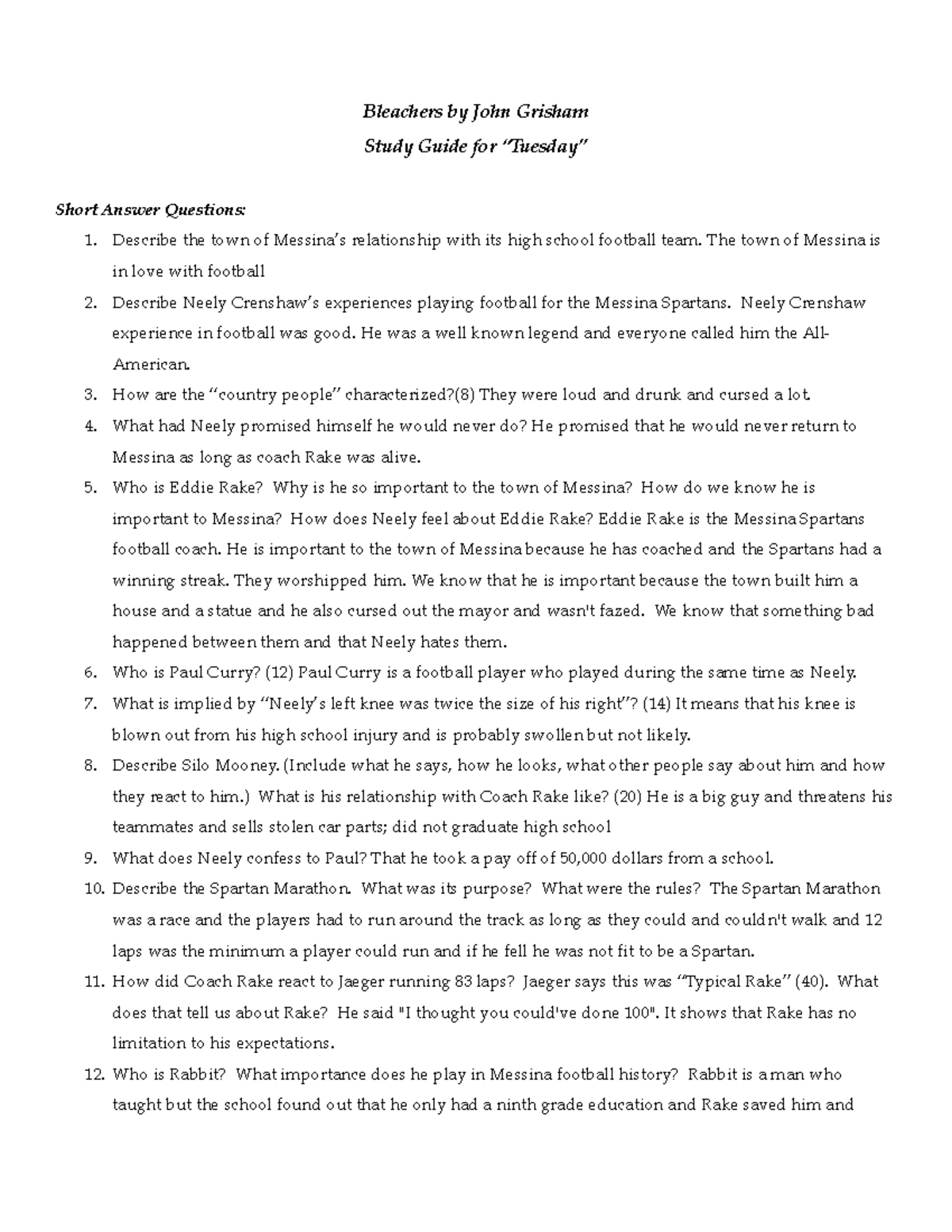 BleachersStudy GuideTuesday Bleachers by John Grisham Study Guide