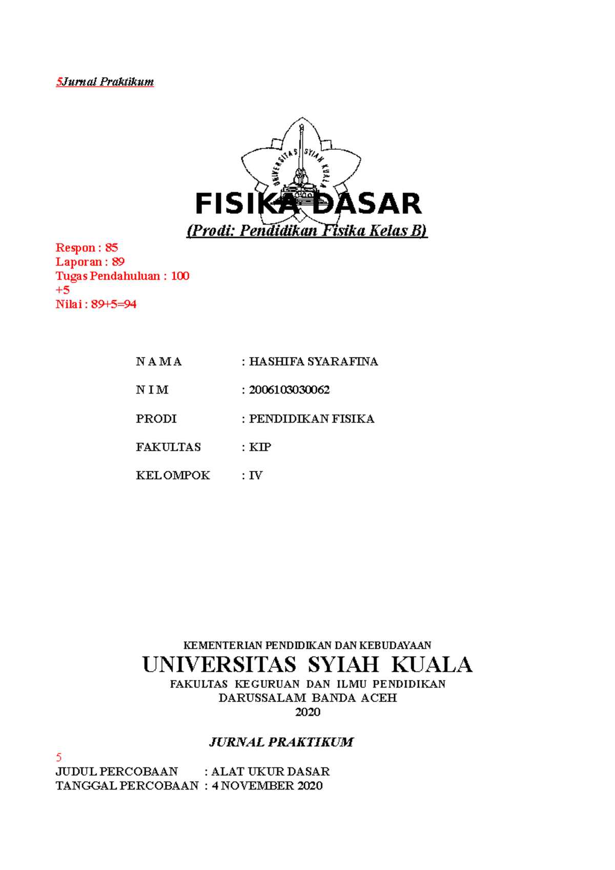 Jurnal Pratikum ALAT UKUR - 5 Jurnal Praktikum FISIKA DASAR (Prodi ...