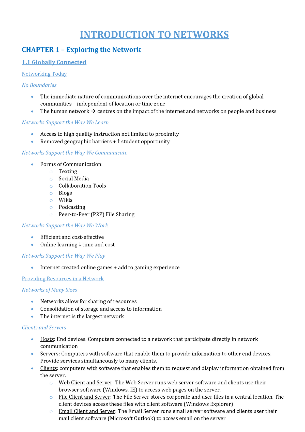 Network Fundamentals Full Notes - INTRODUCTION TO NETWORKS CHAPTER 1 ...