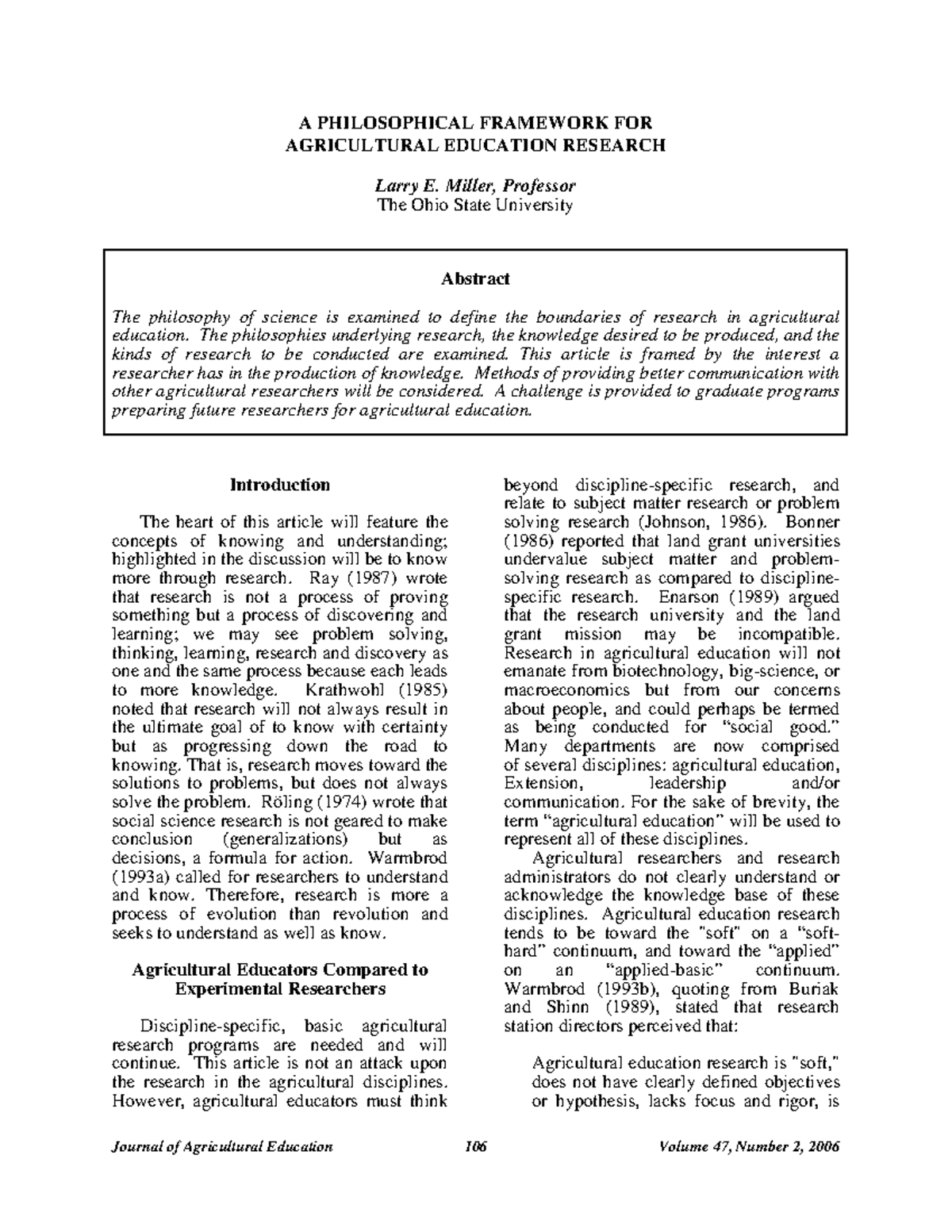 Philosophy of Extension A PHILOSOPHICAL FRAMEWORK FOR AGRICULTURAL EDUCATION RESEARCH Larry E
