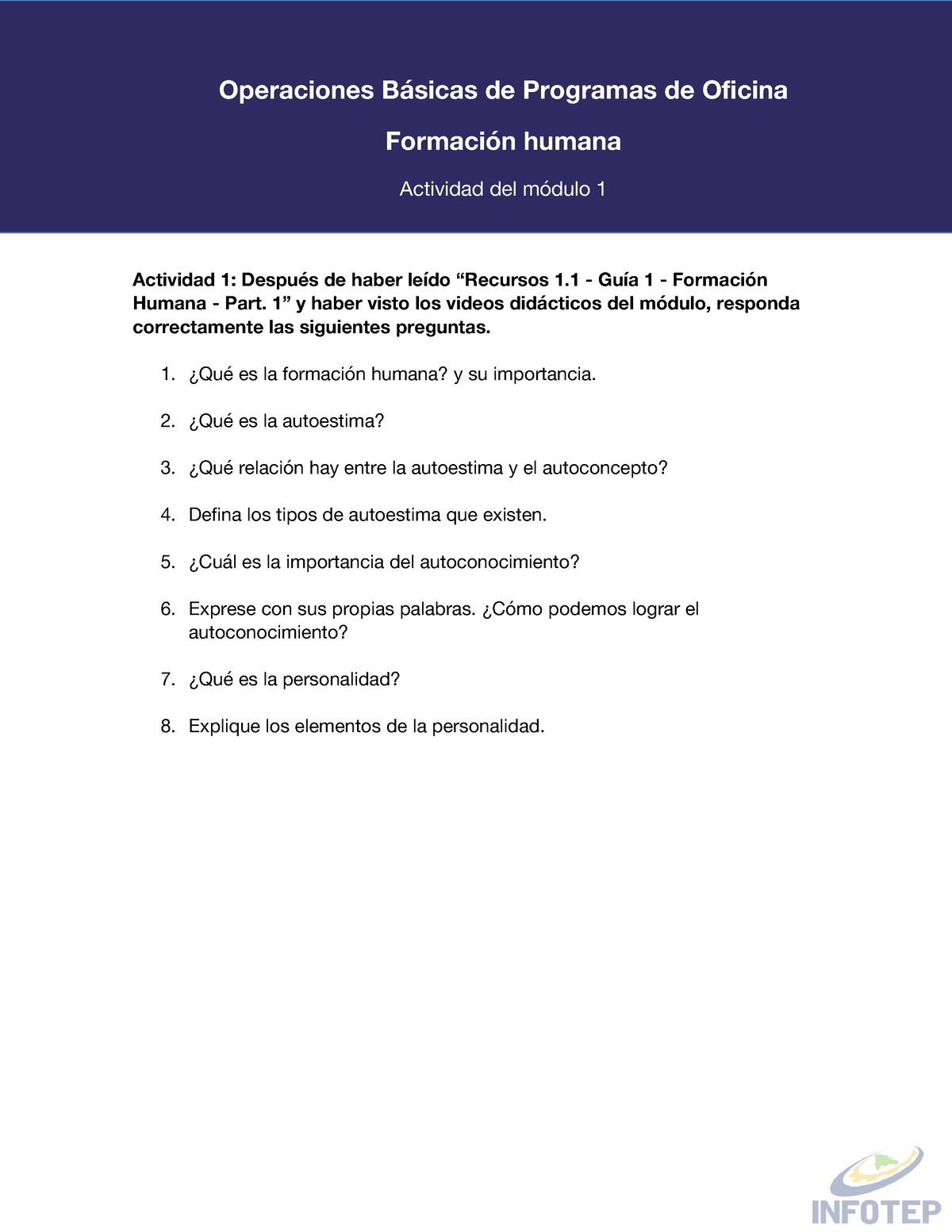 Actividad - Modulo 1 - Infotep - Formación Humana Actividad Del Módulo ...