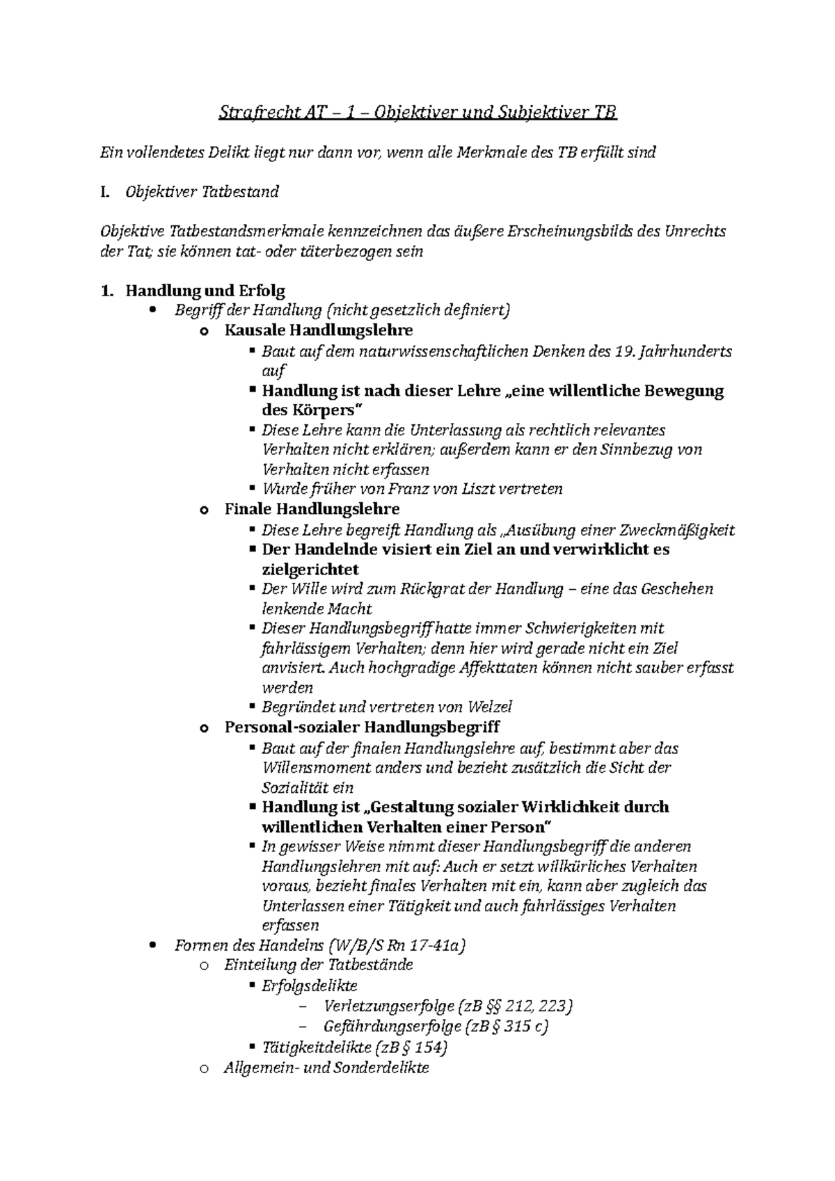 Subjektiver Und Objektiver Tatbestand 1. Obj. und Subj. Tatbestand - Strafrecht AT – 1 – Objektiver und