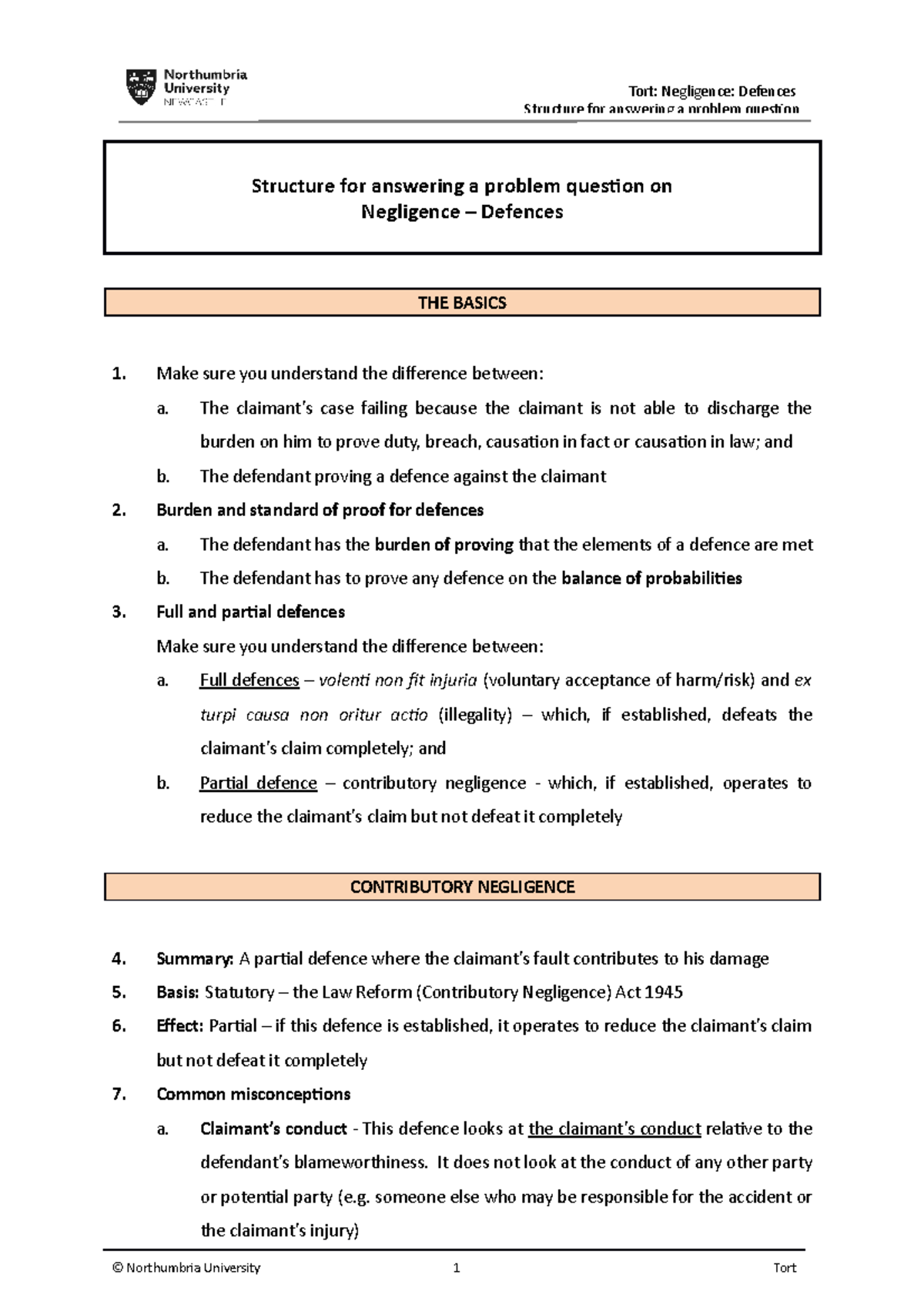 Negligence - Defences - Topic - Outline - Structure for answering a ...