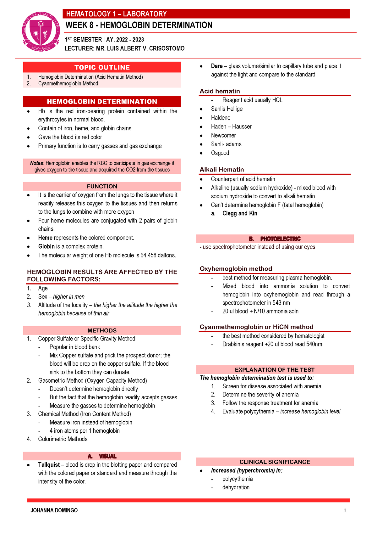 Week 8 Hemoglobin Determination and Cyanmethemoglobin - WEEK 8 ...