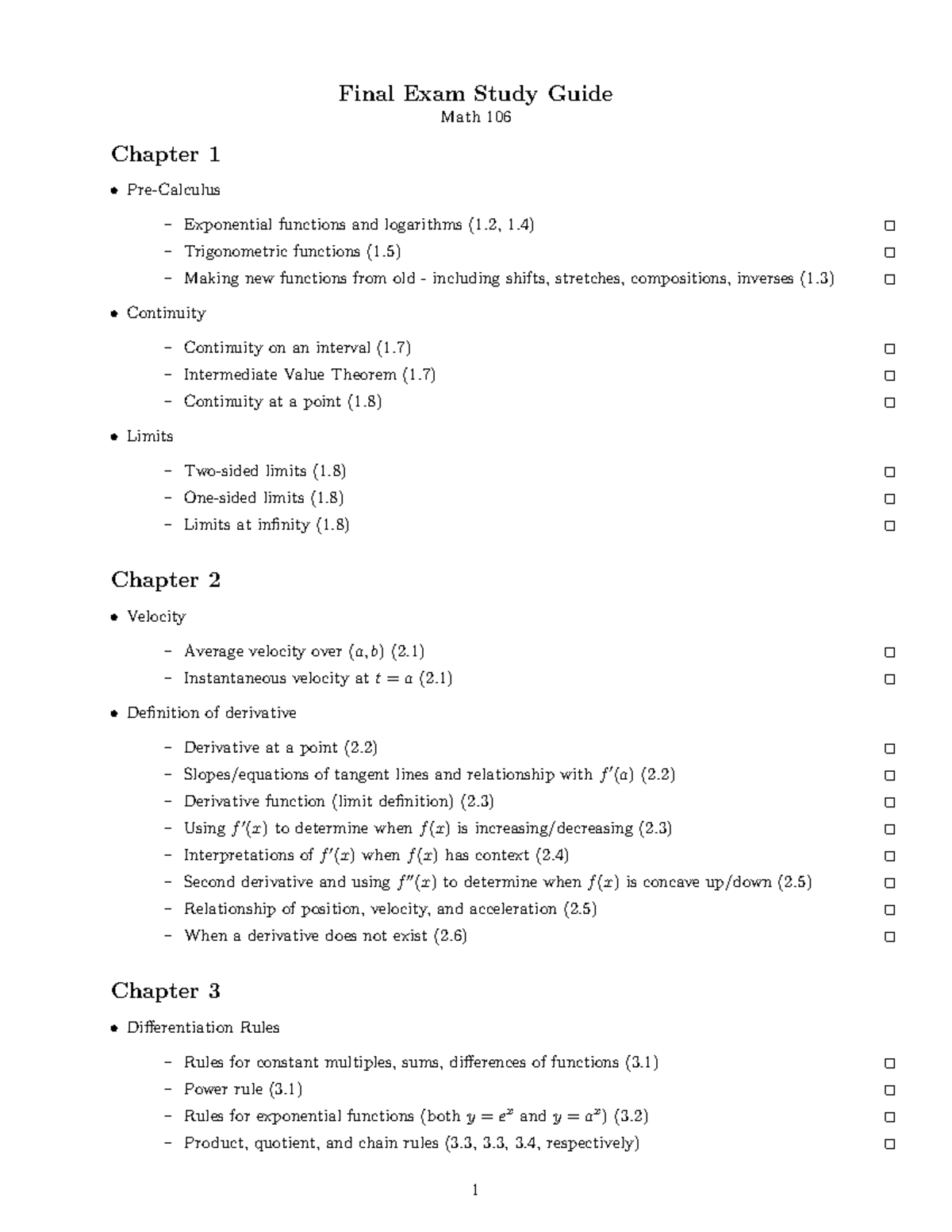 Final Exam Review - Summary Calculus I - Final Exam Study Guide Math ...
