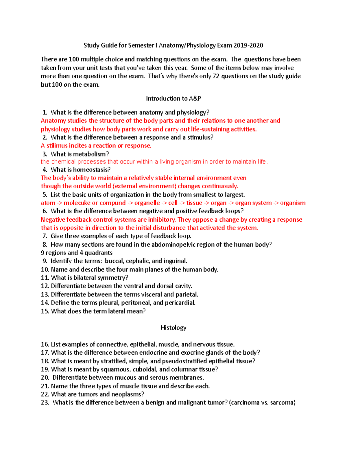 Study Guide for Semester I Anatomy Physiology Exam 2019-2020 - Study ...