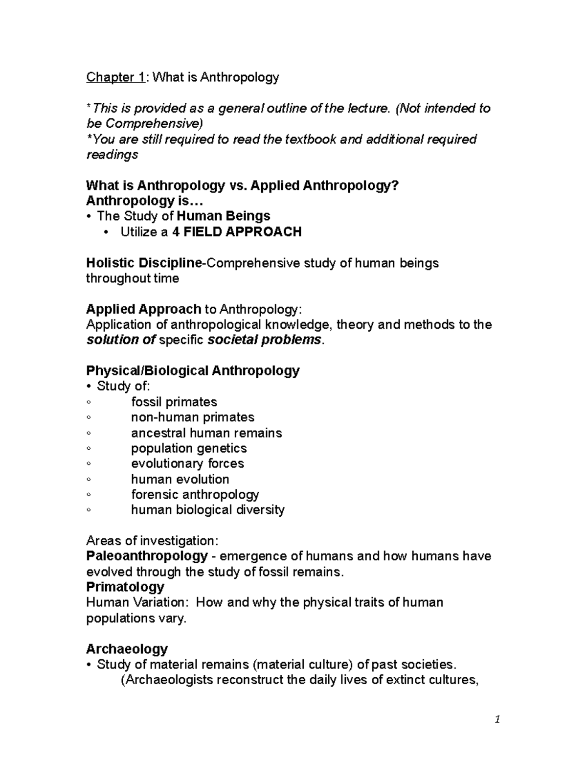 ANTH 2 CH1 Outline - Lecture Notes 1 - Chapter 1: What Is Anthropology ...