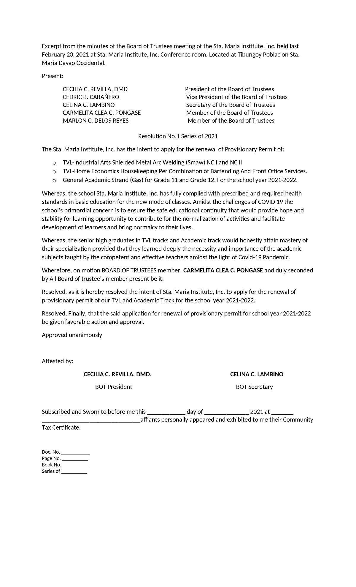 resolution of the meeting - Excerpt from the minutes of the Board of ...