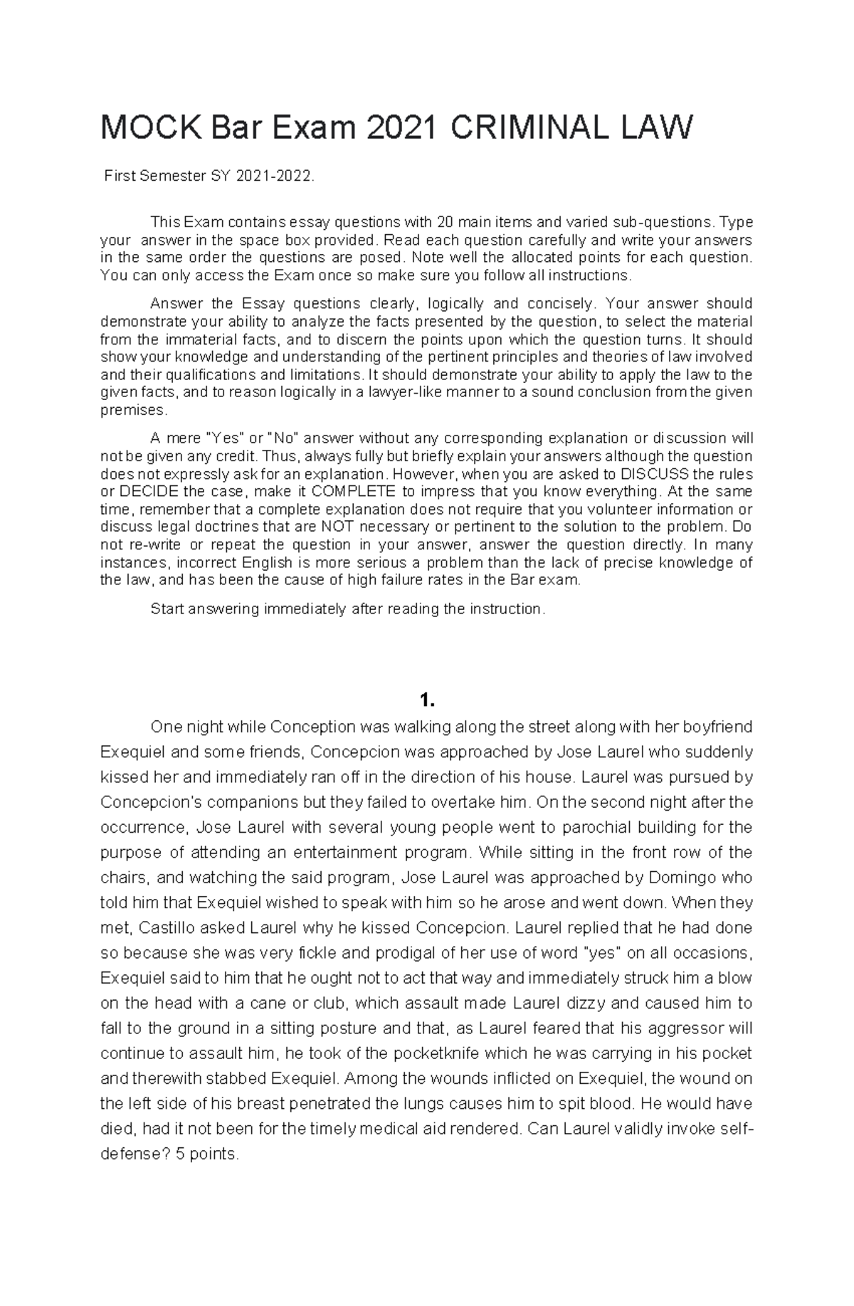 Criminal Law Mock Bar Questions 2021 MOCK Bar Exam 2021 CRIMINAL