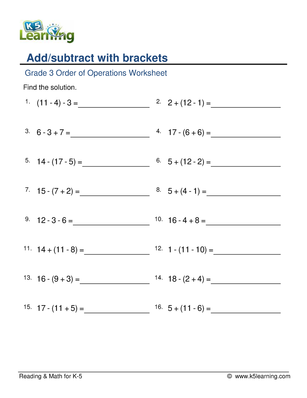 Grade 3 order operations add sub 3 a - Reading & Math for K-5 ...