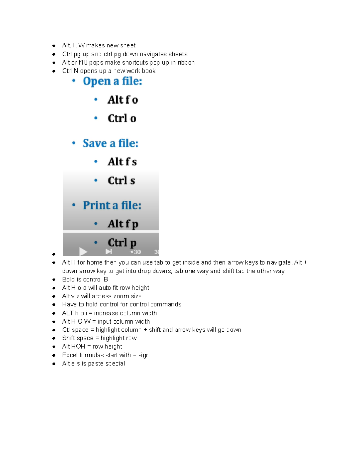 Excel shortcuts - notes for all videos - Alt, I, W makes new sheet Ctrl ...