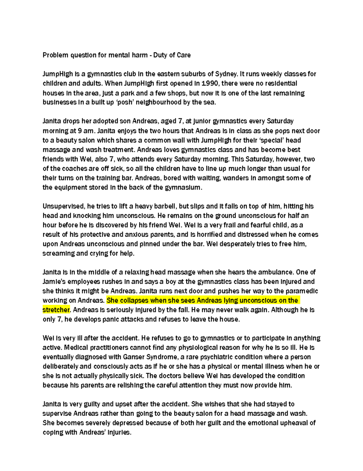 Week 10 Specific Duty Categories Problem question for mental harm Duty of Care JumpHigh is