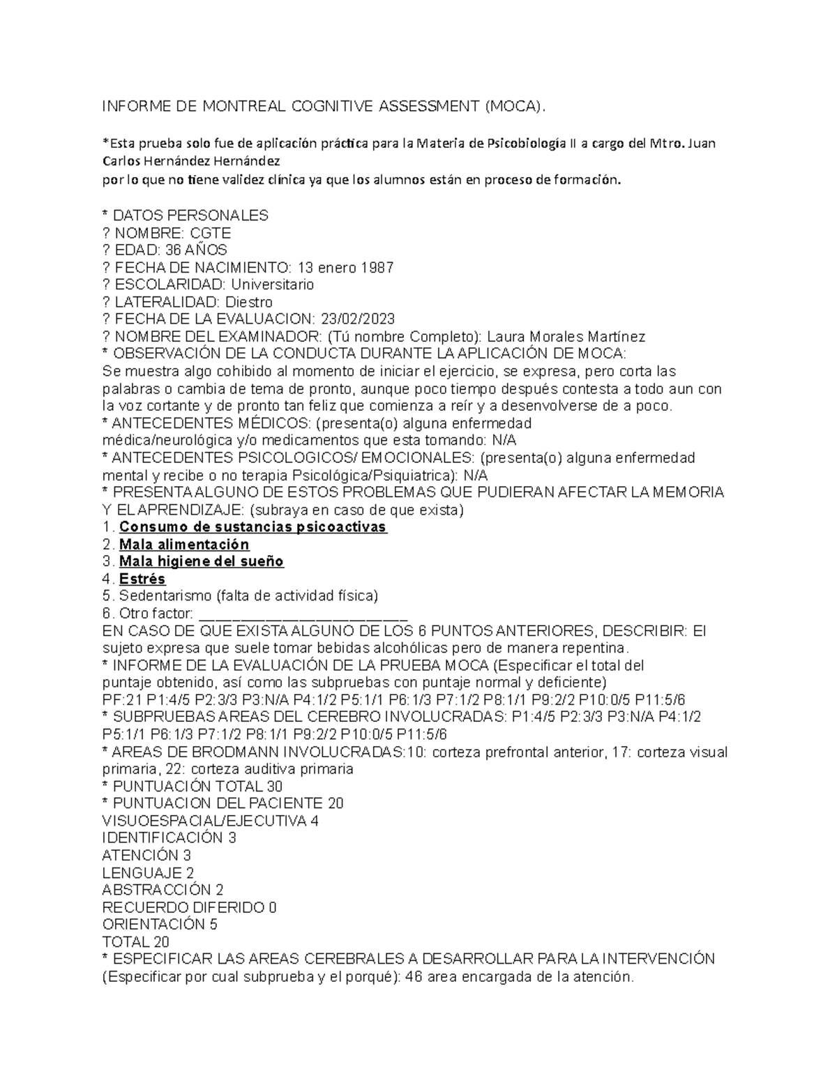 Mo Ca aplicar - test MoCA - INFORME DE MONTREAL COGNITIVE ASSESSMENT ...