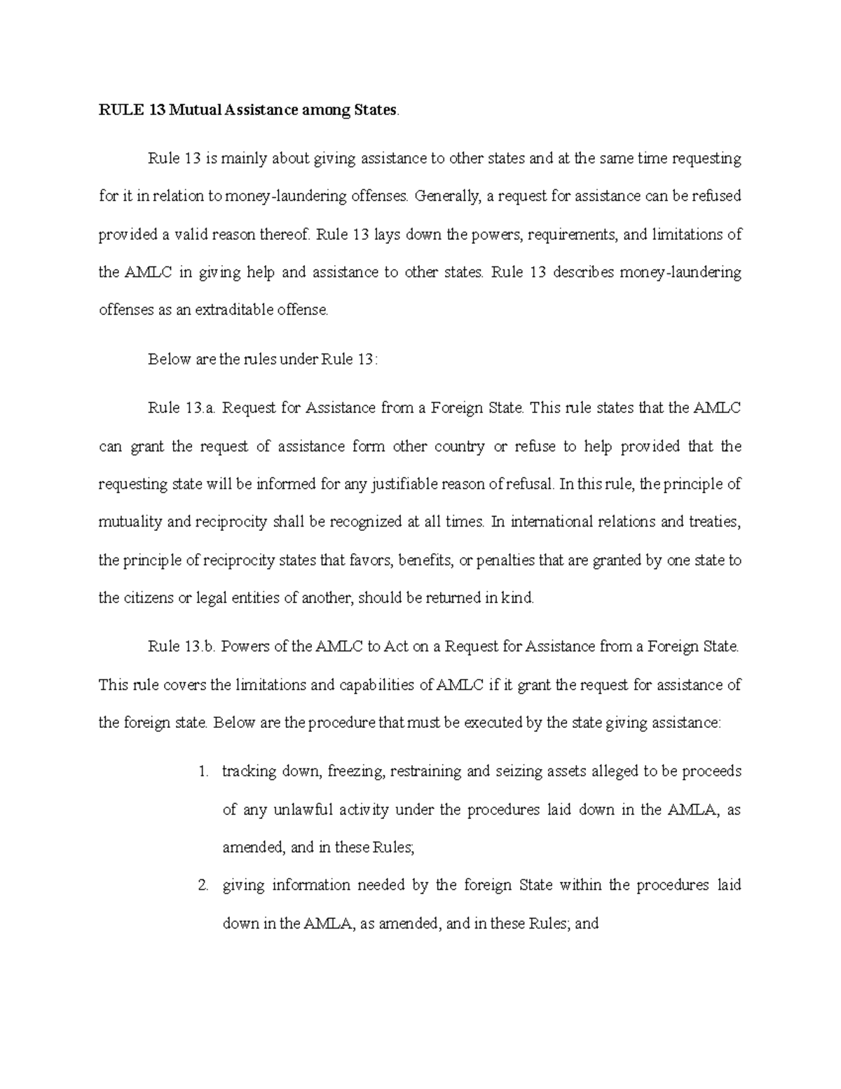 RULE 1318 amlc FINMAN RULE 13 Mutual Assistance among States. Rule