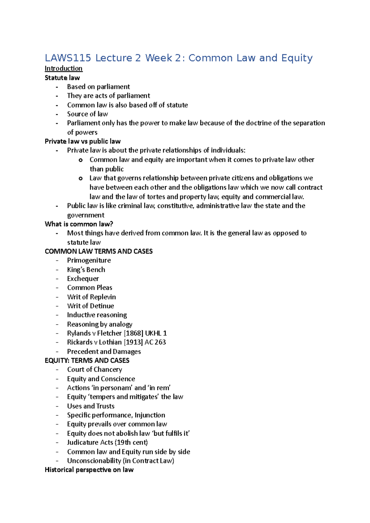 LAWS115 Lecture 2 Week 2 LAWS115 Lecture 2 Week 2 Common Law and