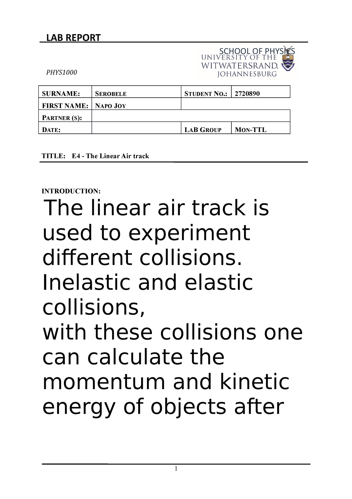 linear air track experiment report