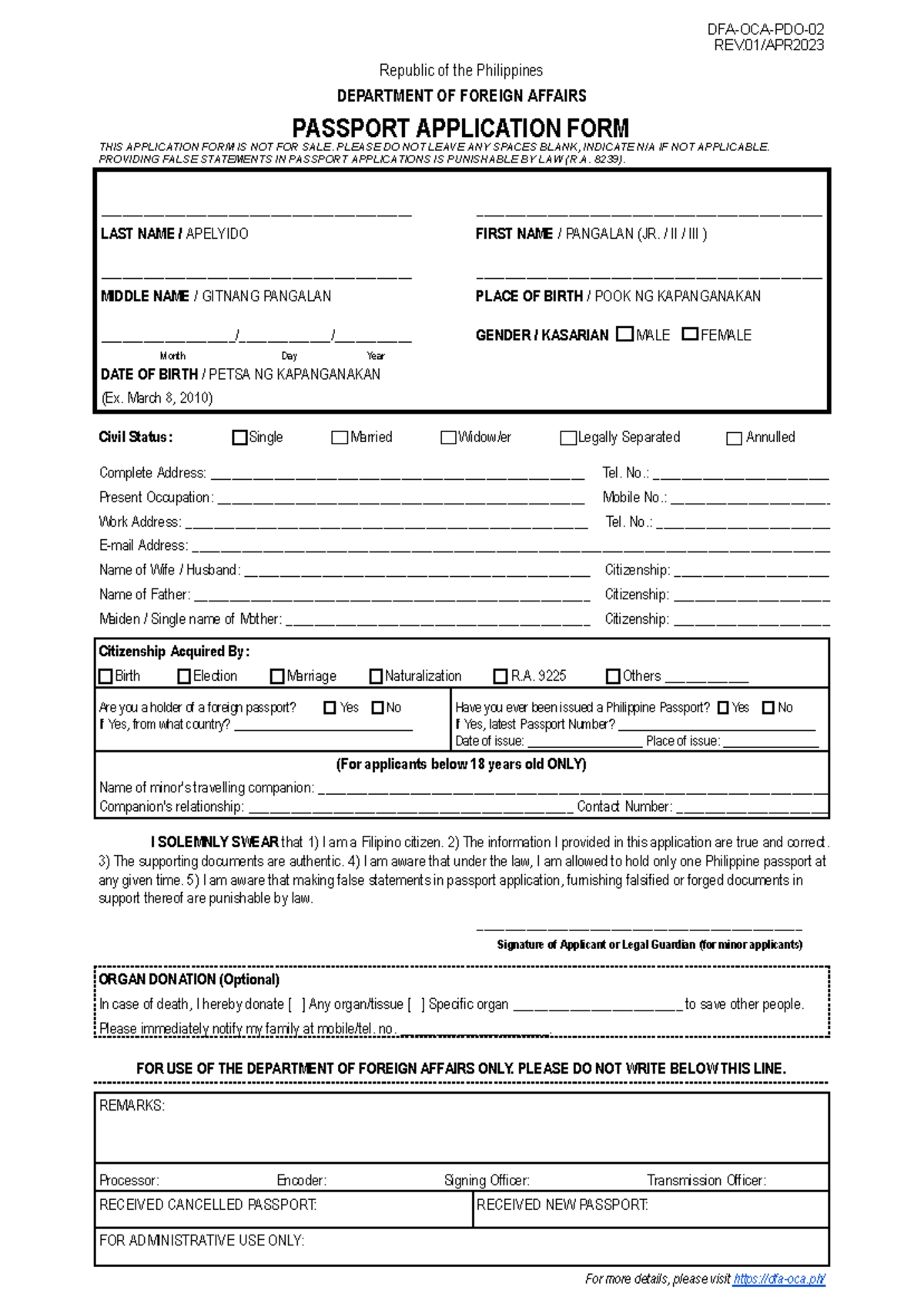 Courtesy Lane Passport Application Form Fillable - DFA-OCA-PDO- REV/APR ...