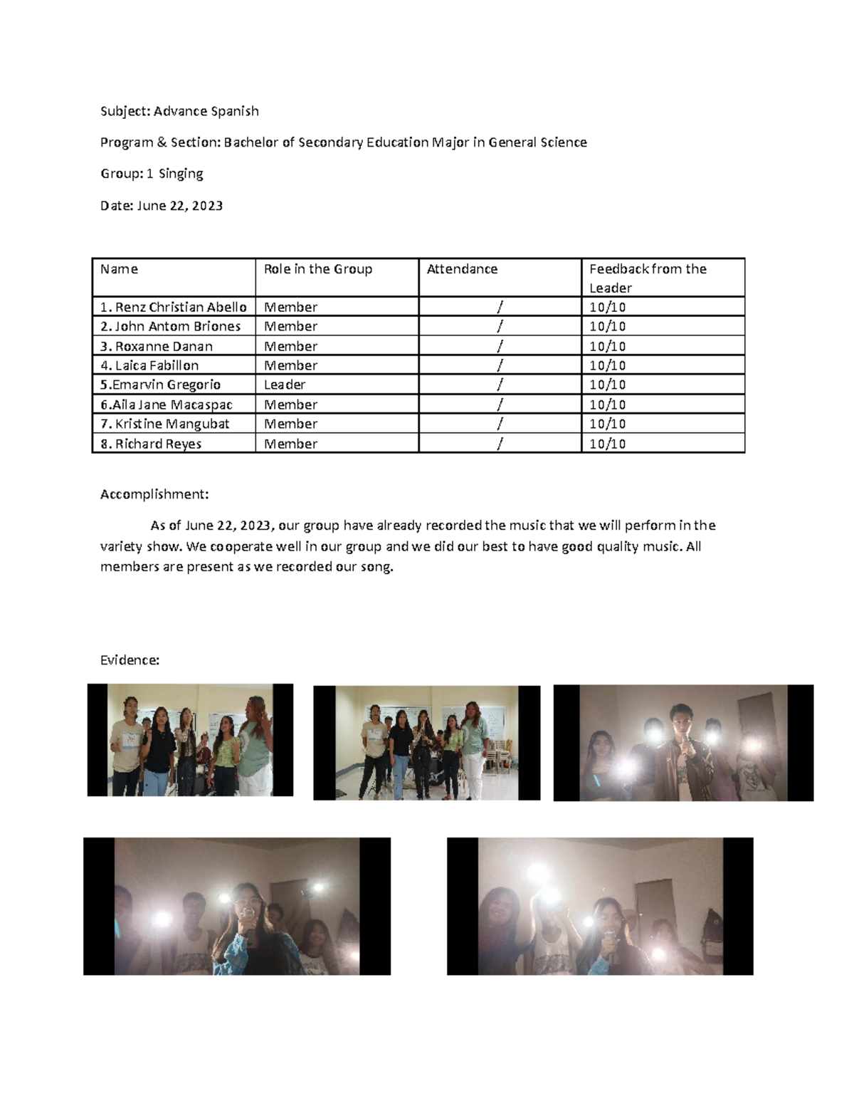 Accomplishment Report - Subject: Advance Spanish Program & Section ...