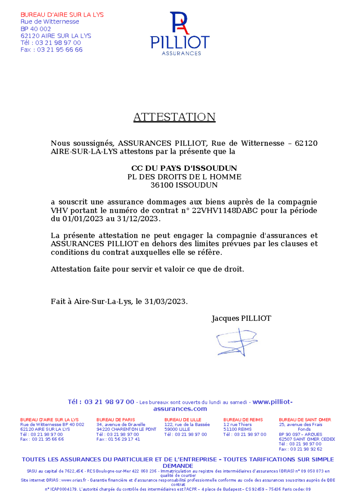 Attestation Pilliot - ras - BUREAU D’AIRE SUR LA LYS Rue de Witternesse ...