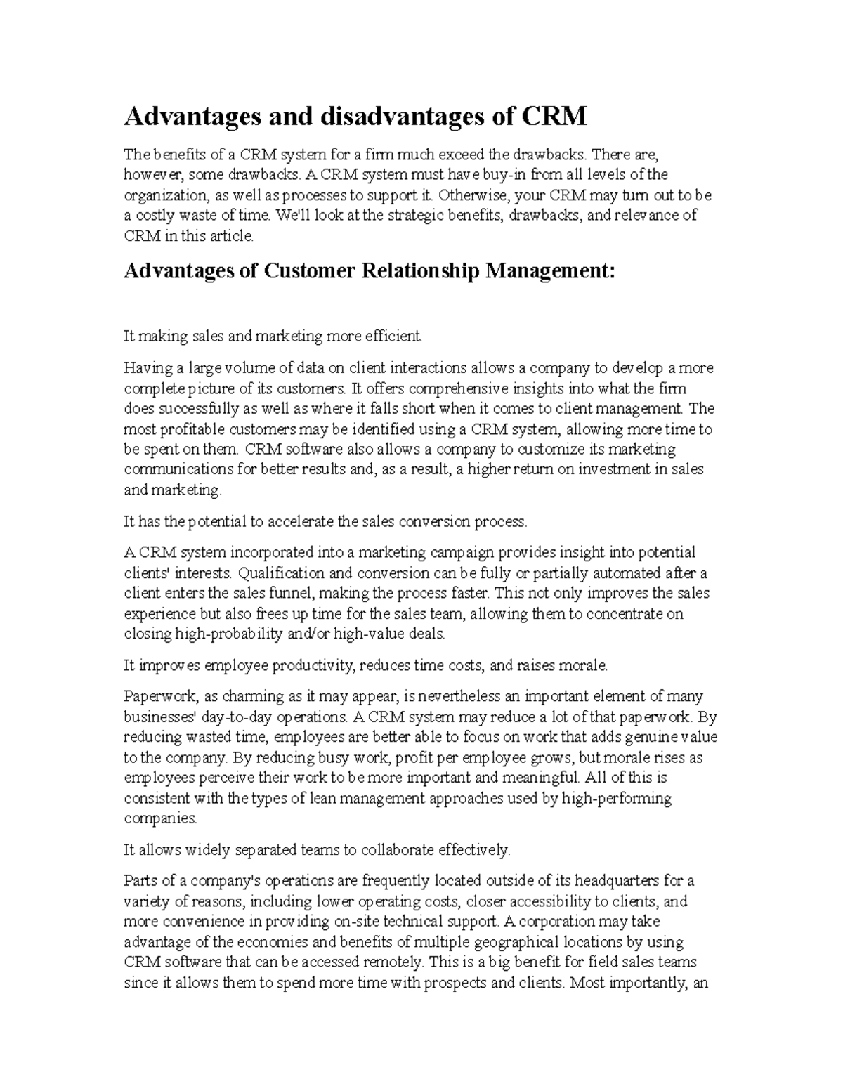 Advantages and disadvantages of CRM marketing Advantages and