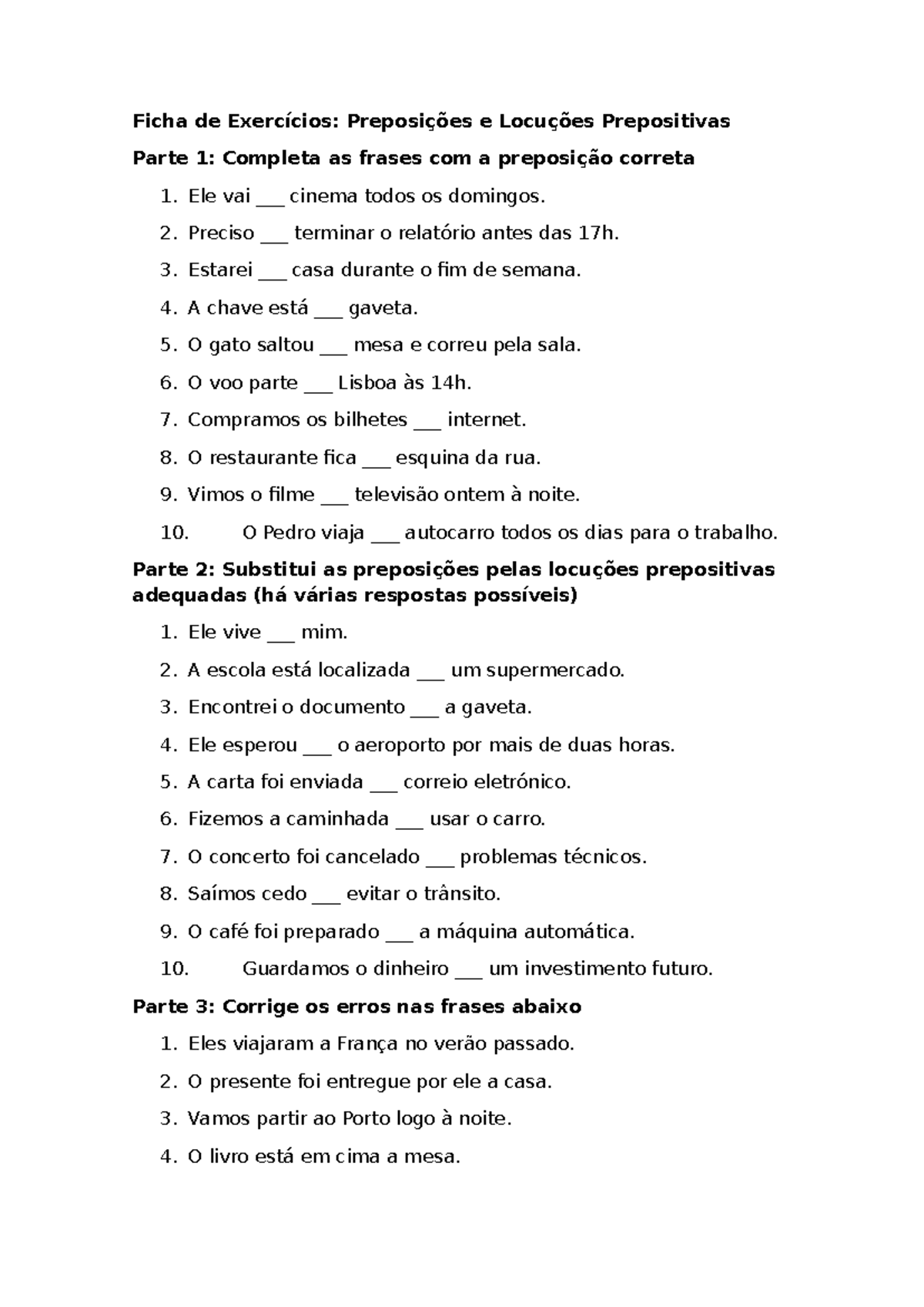 Preposições e Locuções Prepositivas (Ficha de Treino - Aula 8) - Ficha ...